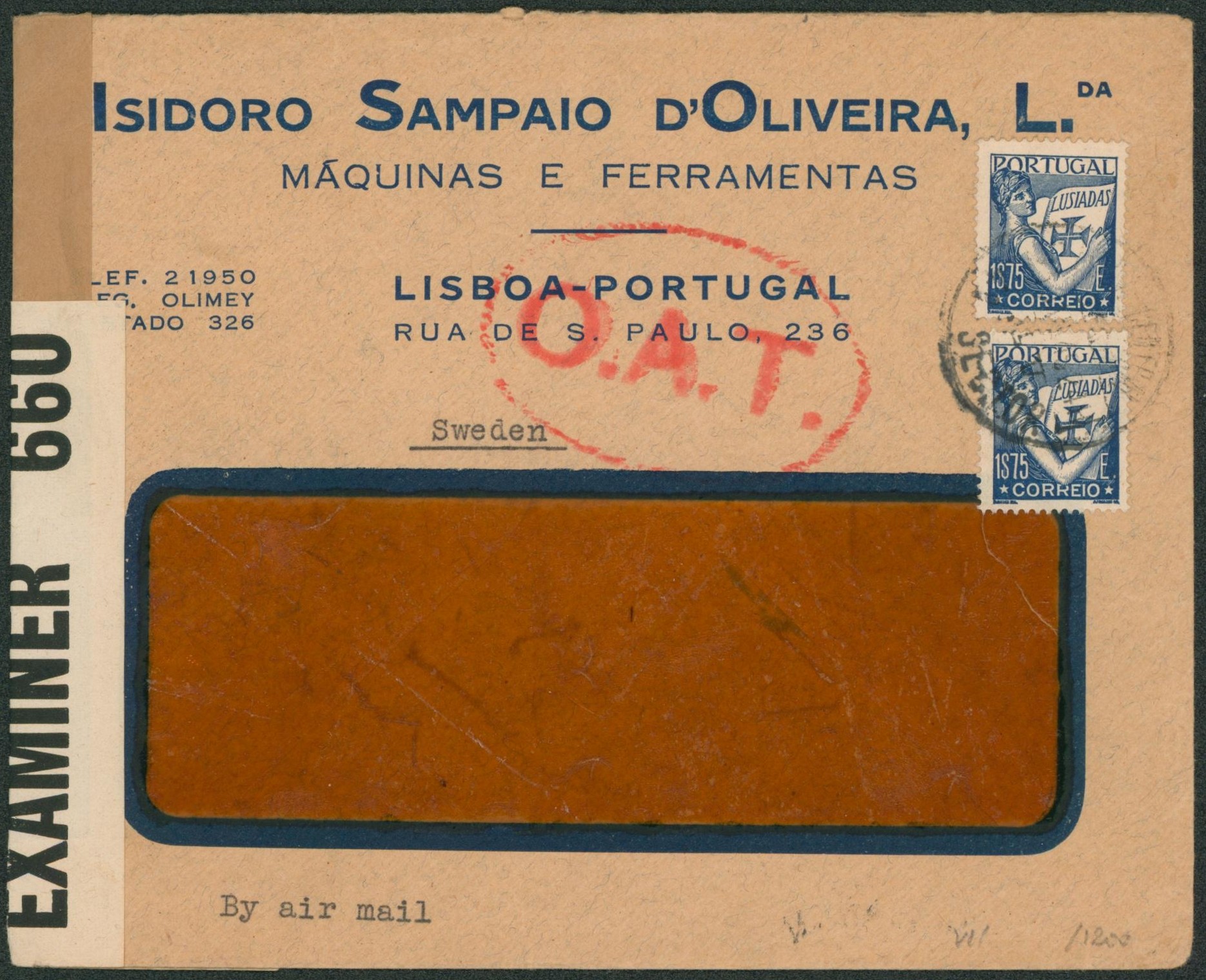 Portugal (WWII) - lettre expédié de LISBOA + O.A.T. et bandelette de censure > Sweden (Suède)