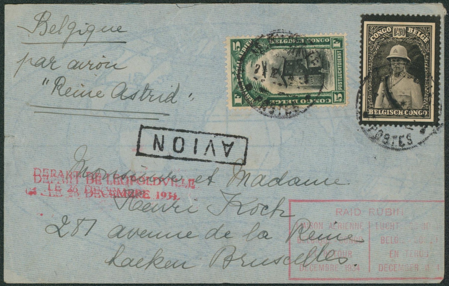 Congo Belge - n°184 et PA4 sur lettre par avion "Reine Astrid" + encadré rouge "Raid Rubin" > Laeken"