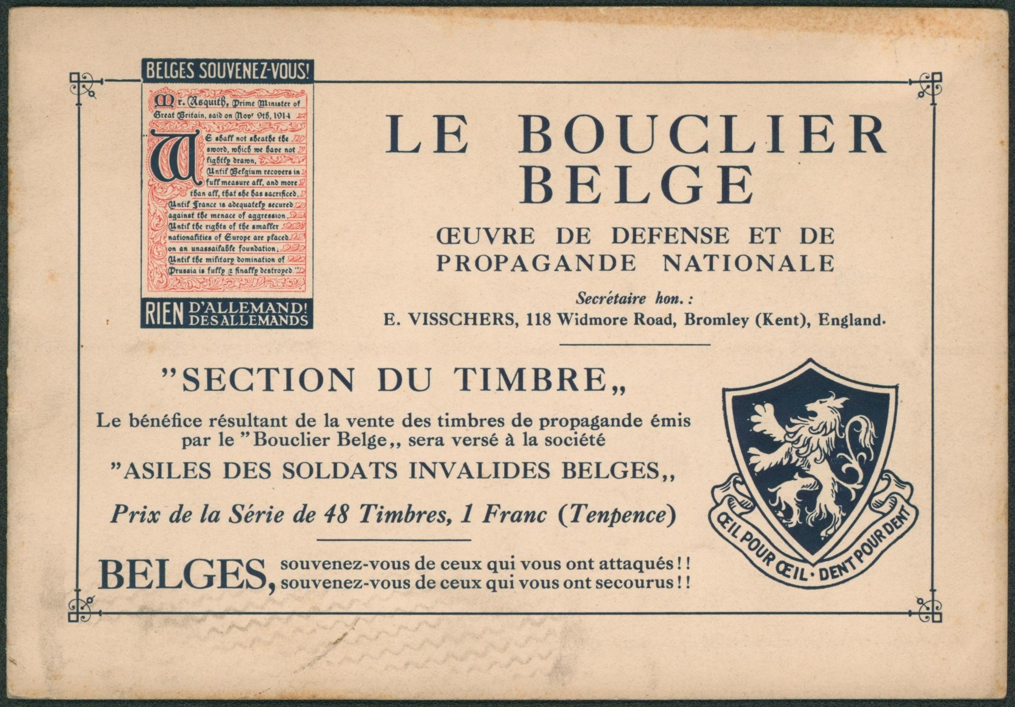 Erinnophilie - carnet de vignette "Le bouclier belge" (complet x48) propagande nationale, anti-allemand. "
