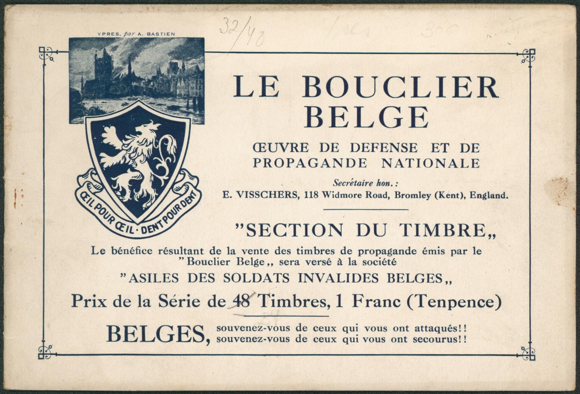 Erinnophilie - carnet de vignette "Le bouclier belge" (incomplet x32) propagande nationale, anti-allemand. "