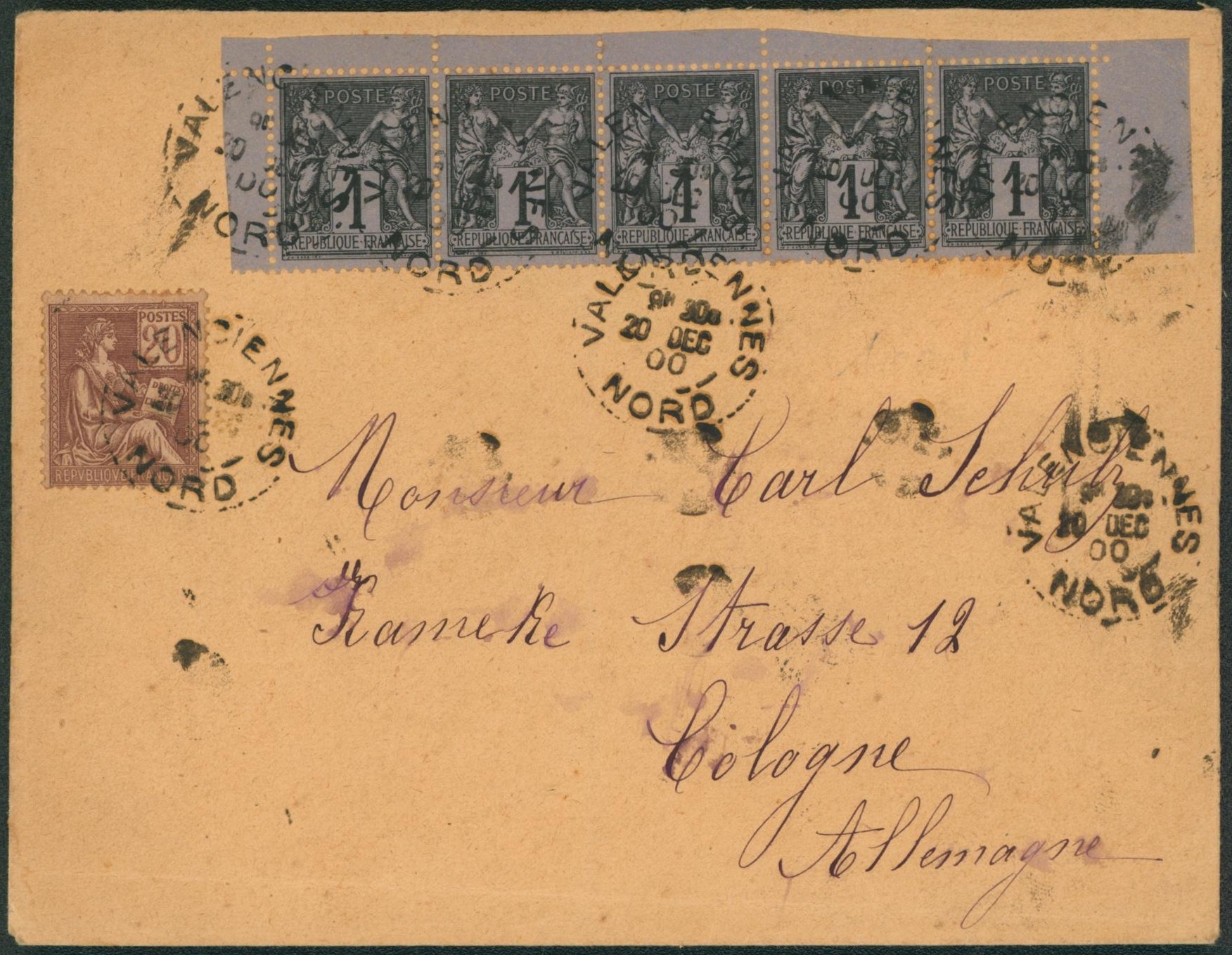 France - Type sage 1ctm en bande de 5 + Yv n°113 sur lettre expédié de Valenciennes / Nord > Cologne (Allemagne) 