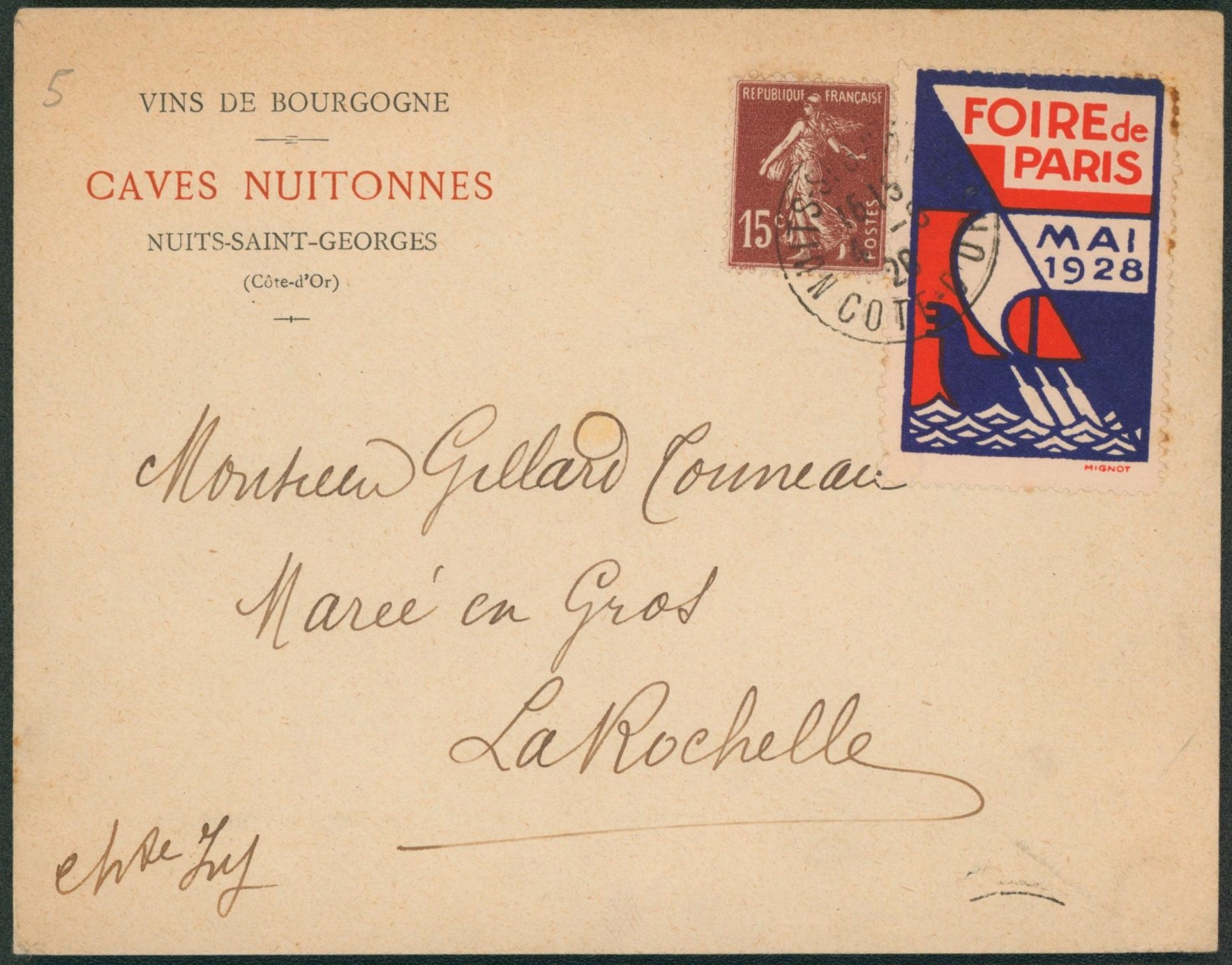 Semeuse 15ctm sur lettre à en-tête (vins de bourgogne) expédié de Nuit-St-Georges + vignette Foire de Paris (1928) > La rochelle
