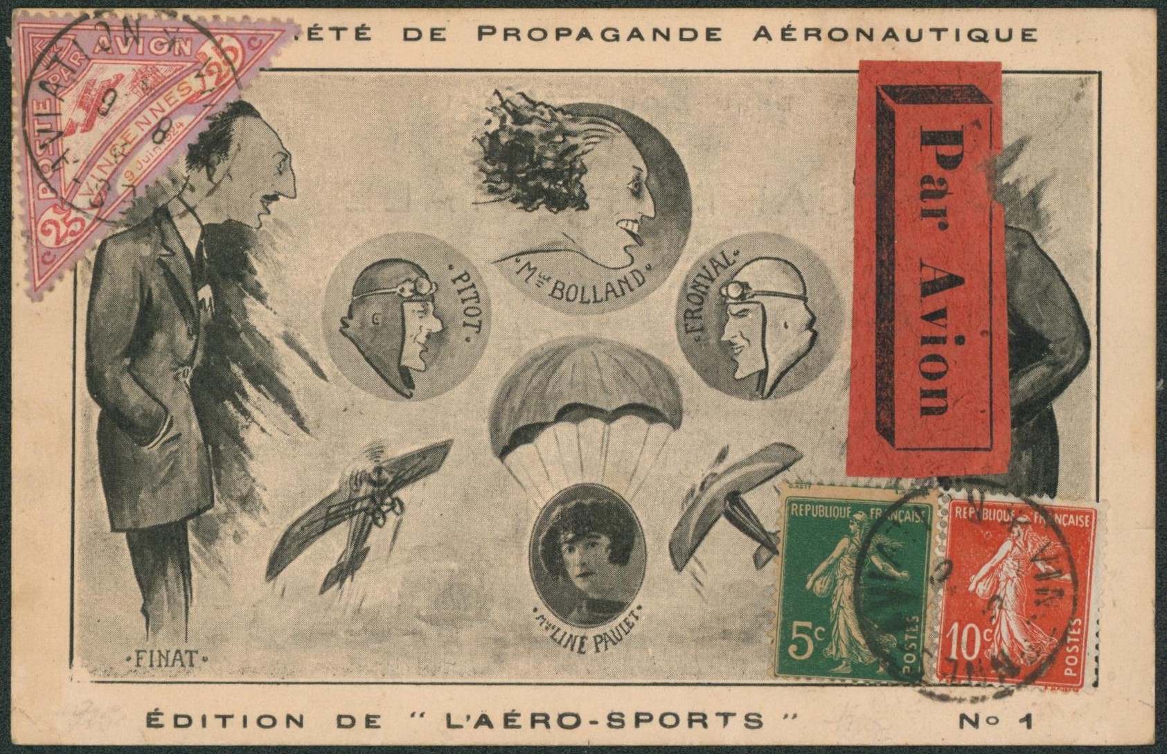Semeuse - 5C + 10C sur carte postale de propagande aéronautique expédié par avion + vignette "Meeting Vincennes" > Hangueneau"
