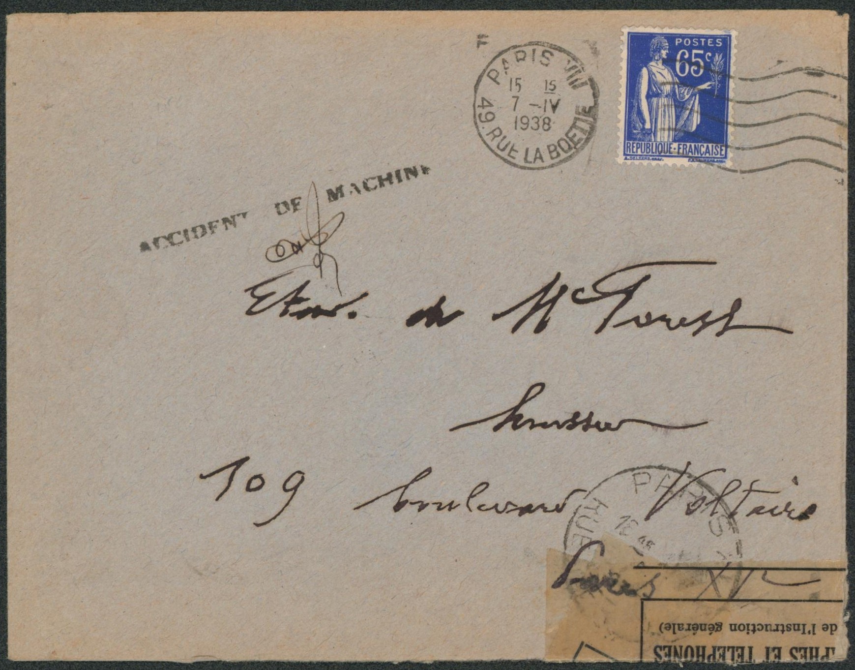 France - Paix 65C bleu sur lettre expédié de Paris VIII + griffe linéaire ACCIDENT DE MACHINE (Lettre abimée + bandelette de réparation) > Paris. 