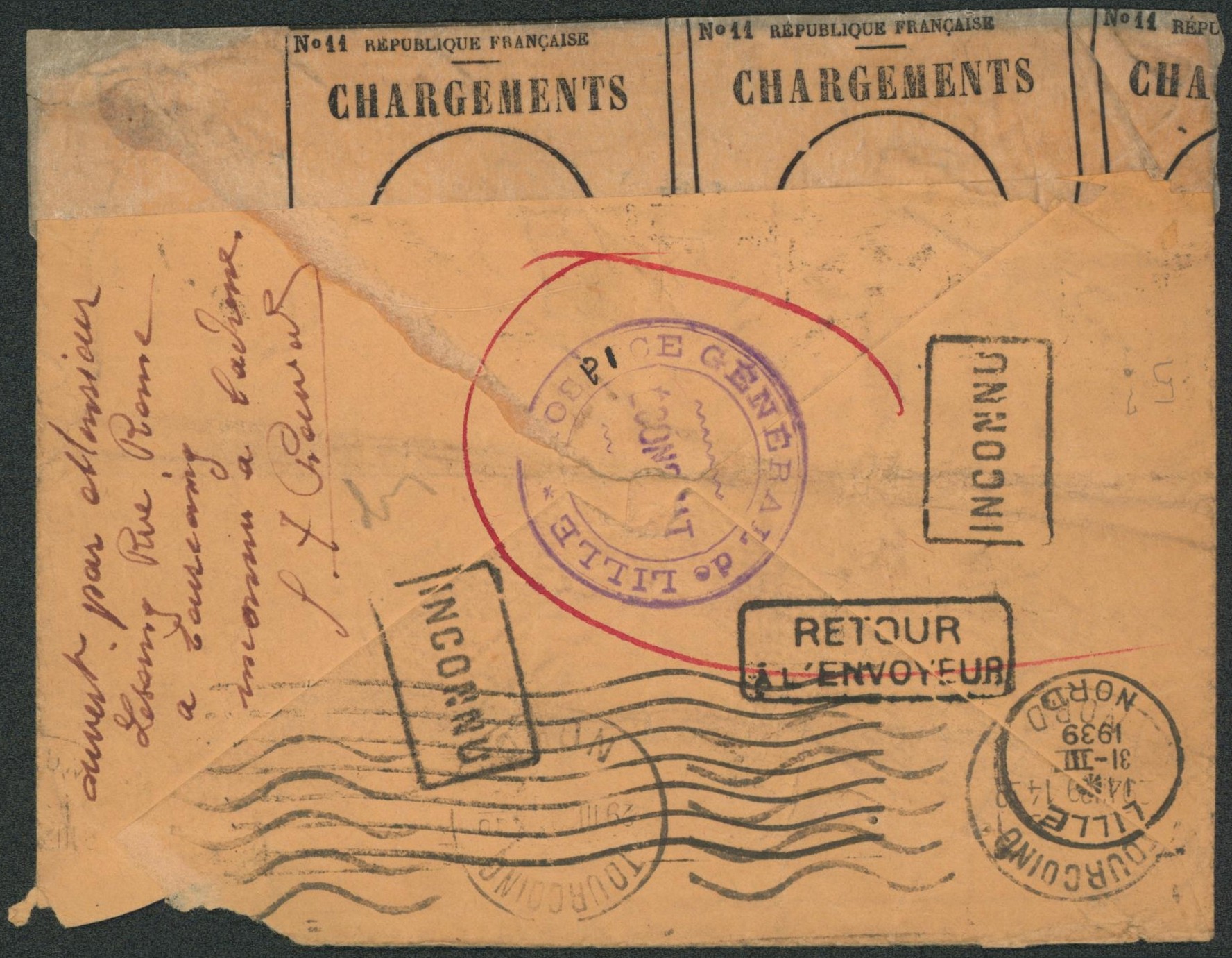 France - Paix 90C bleu sur lettre expédié de Lille > Tourcoing, lettre ouverte + bandelette de réparation "Chargements". Retour à l'envoyeur, inconnu. "