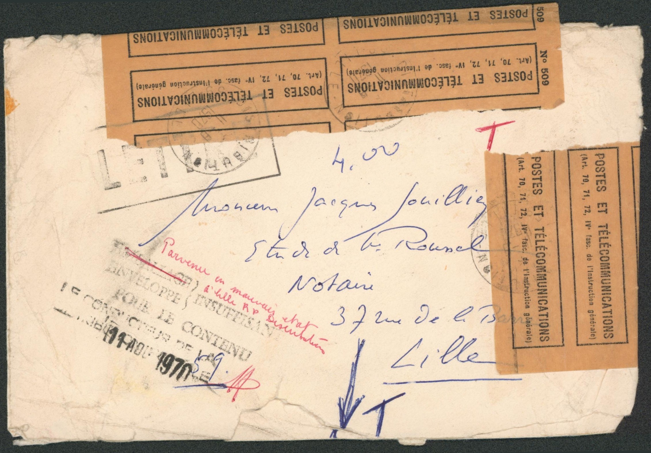 Lettre en provenance de ? > Lille, parvenue en mauvaise état à Lille RP distribution, nombreuses bandelettes de réparation.