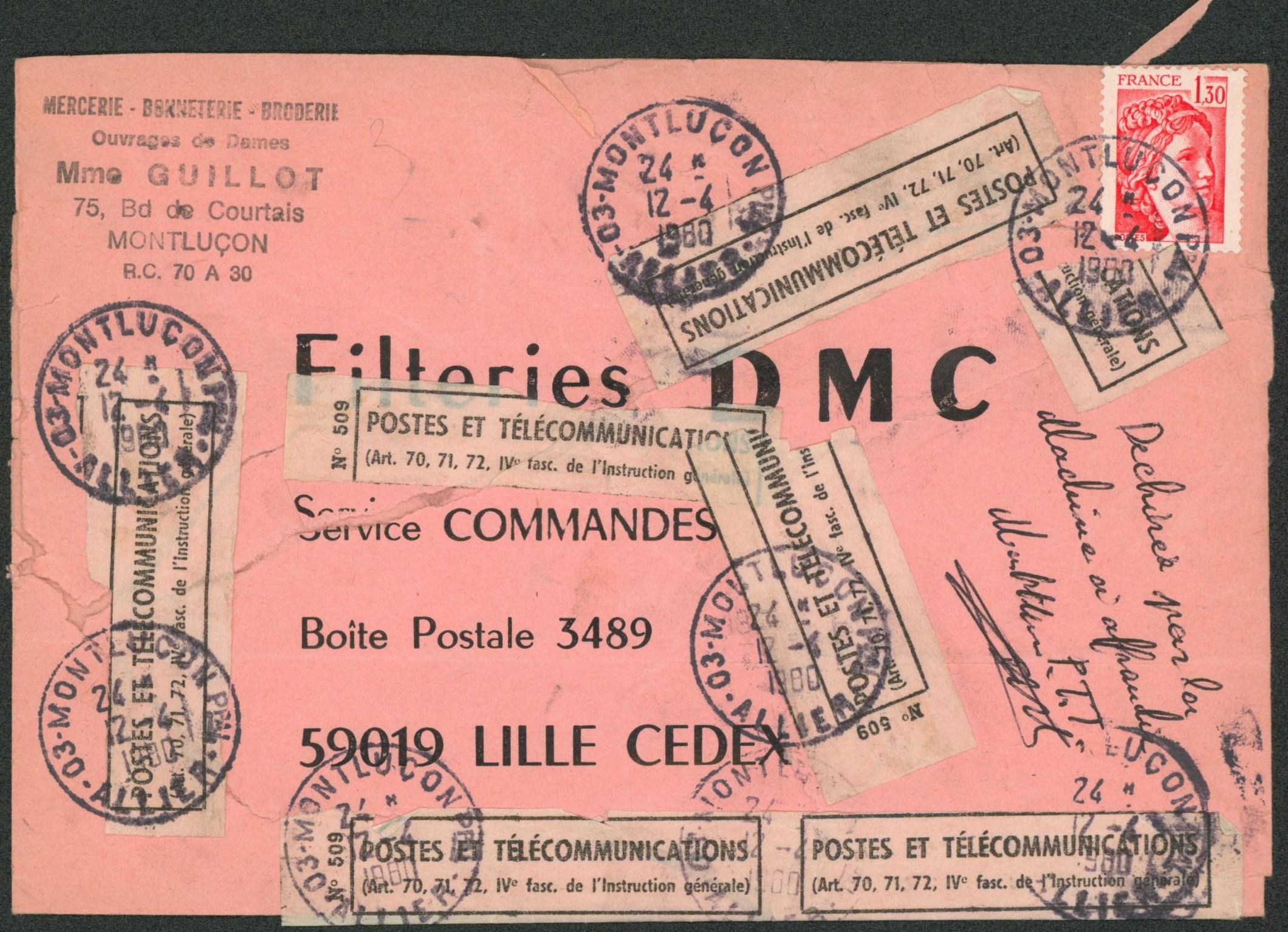 France - Lettre expédié de Montluçon (1980) > Lille cedex, déchirée par la machine à affranchir + nombreuses bandelettes de réparation. 