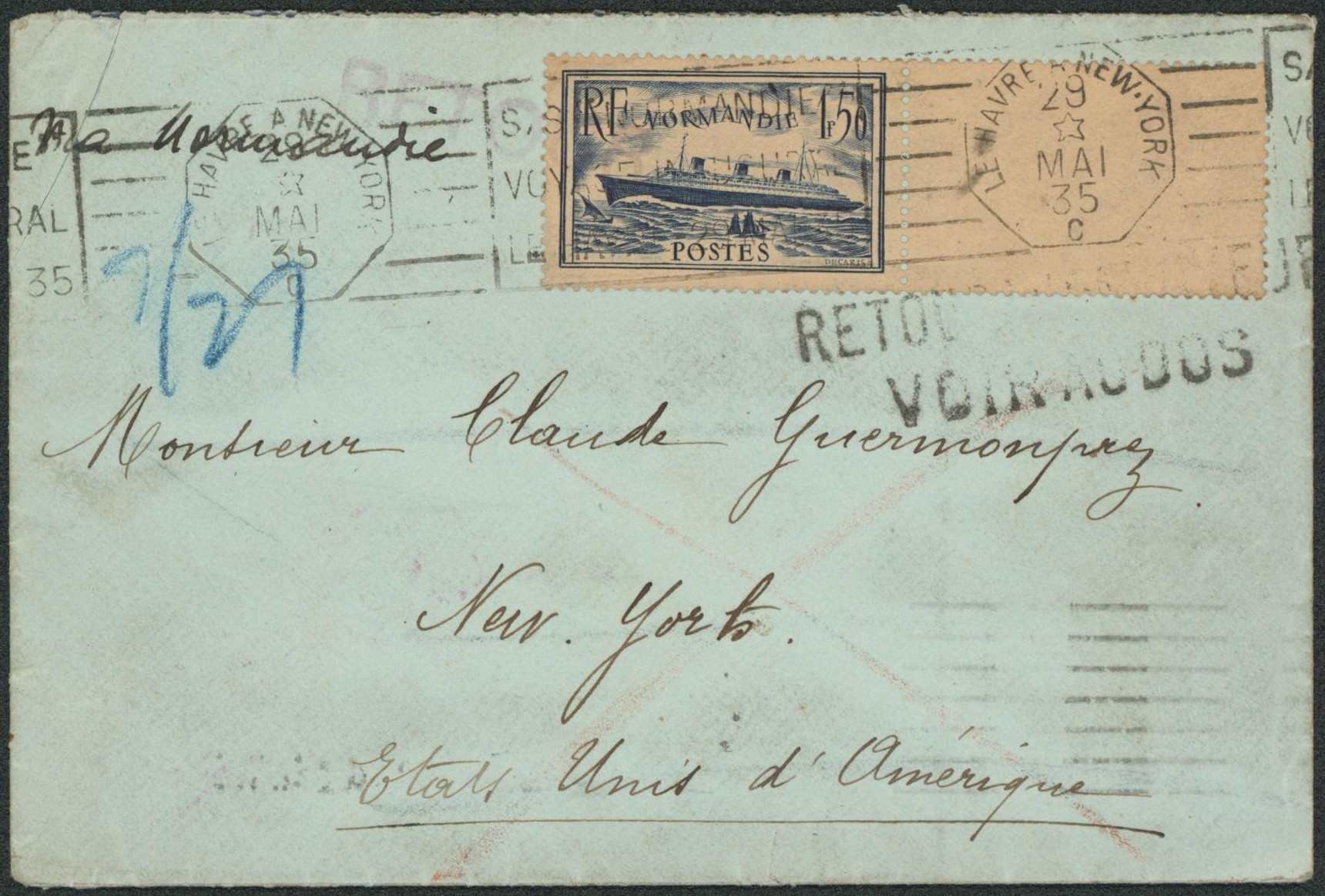 France - Yv n°300 sur lettre + cachet spécial "Le Havre a New-York" > New-York (Usa). Verso vignette "Le havre New york / Par SS normandie". Superbe ! "