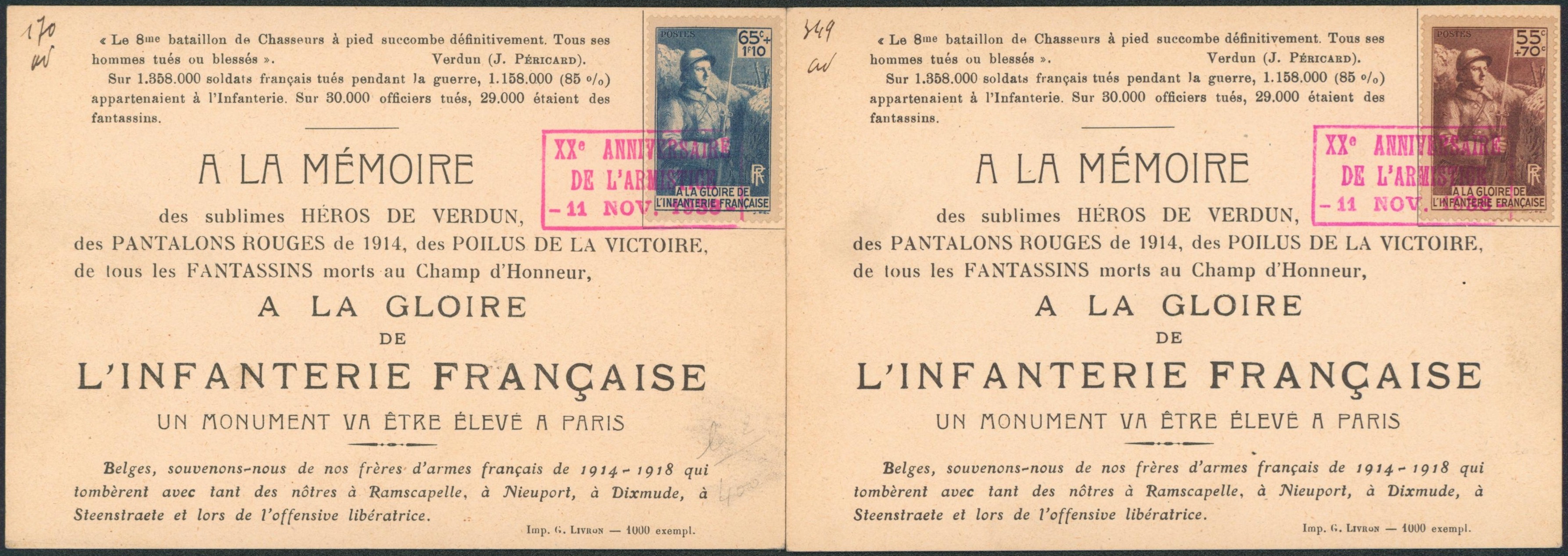 France - Yv n°386 + 387 sur deux cartes commémoratives "A la mémoire des sublimes héros de Verdun, pantalon rouges de 1914, Poilus,?" "