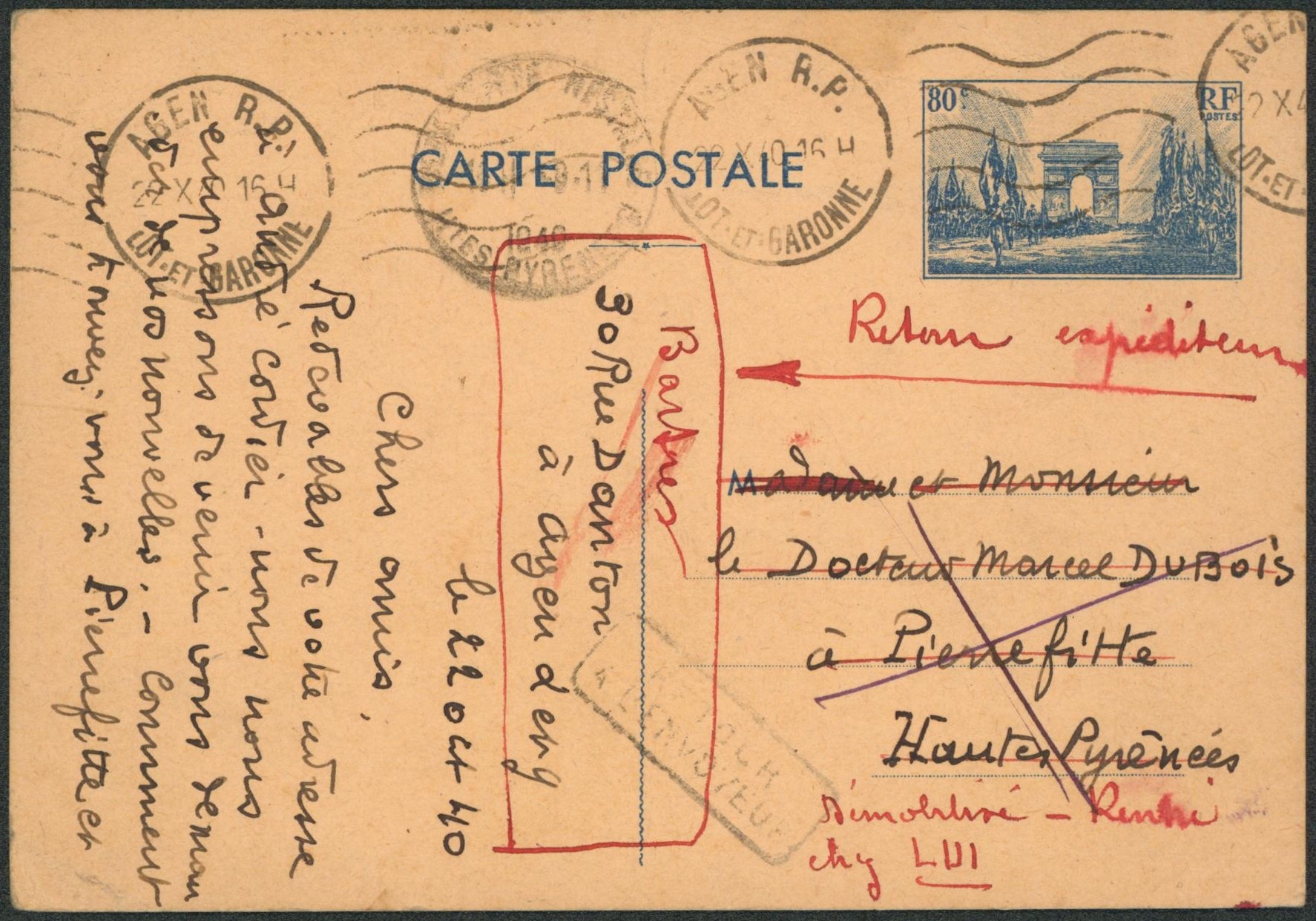 France - EP au type 80C bleu expédié de Agen > Pierrefitte + annotation en rouge "Démobilisé, rentré chez lui", retour expéditeur. "