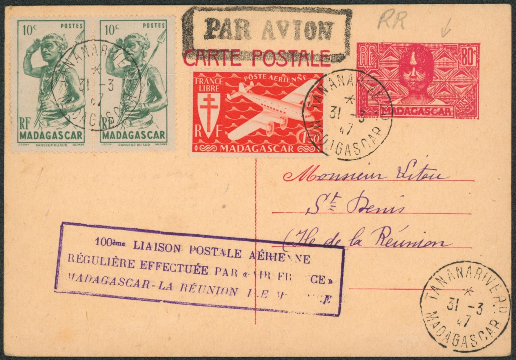 Madagascar - EP au type 80C rouge + affranch. Complémentaire "100e liaison postale aérienne régulière effectuée par AIR France, Madagascar - La réunion""