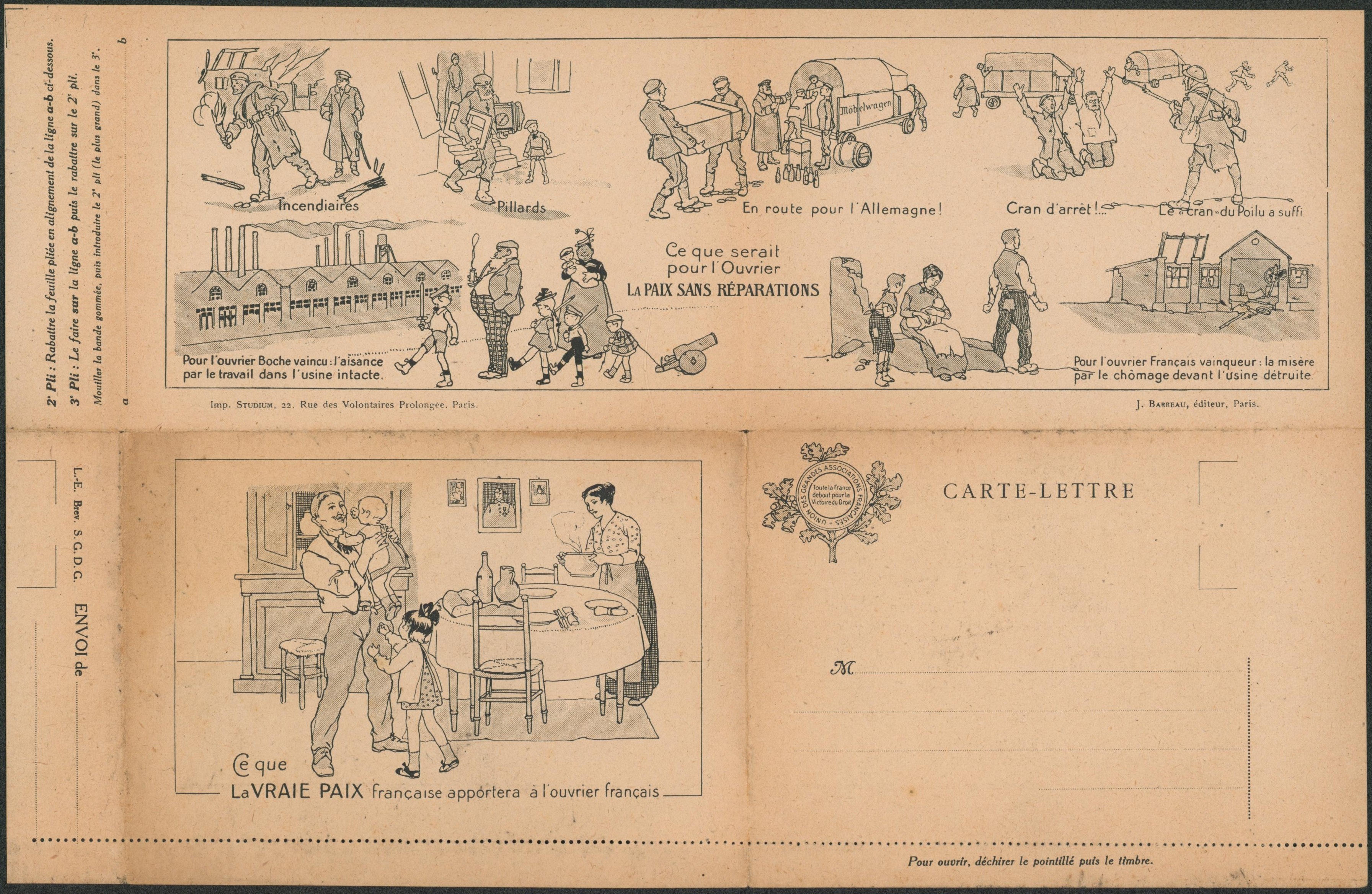 France - Carte-lettre illustrée "La paix française, pour l'ouvrier boche vaincu" / neuve. TB "