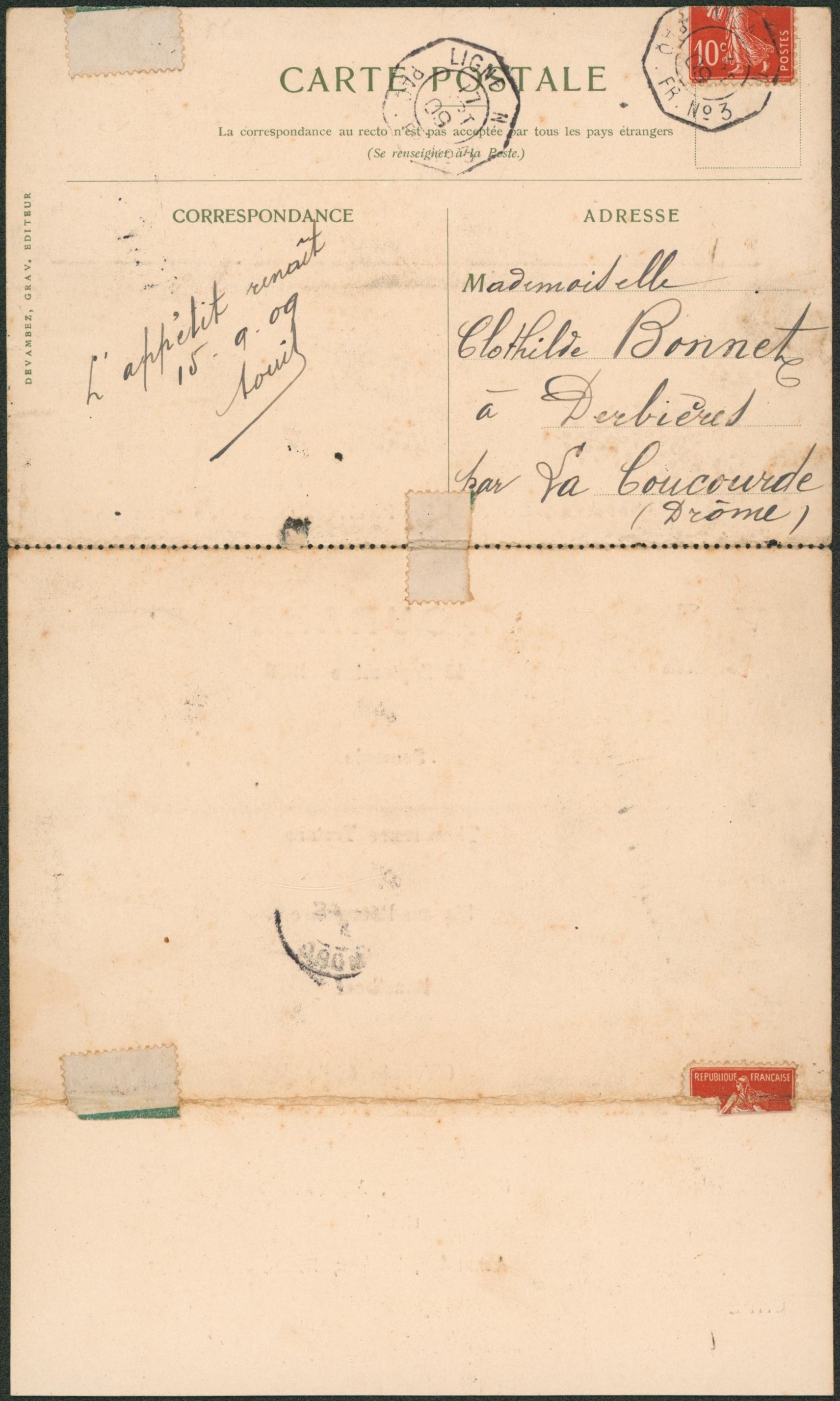 France : Semeuse 10C rouge sur CP (compagnie des messageries maritimes, paquebot TOURANE) + cachet paquebot "Ligne N / Paq. FR. 3" >  Derbières. "