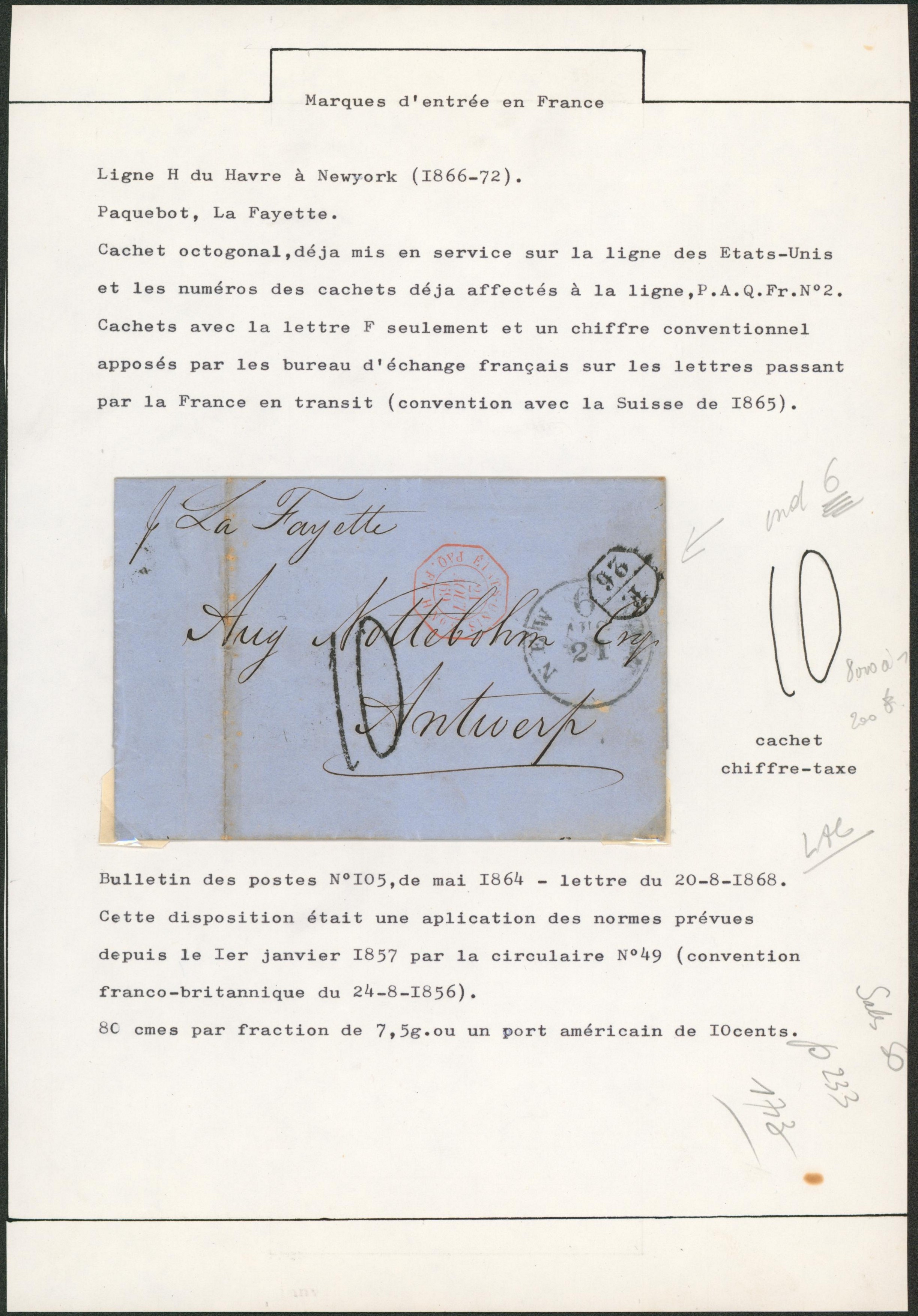 LAC datée de New-york (1869) par le paquebot "La Fayette" + cachet paquebot "Etats-Unies / paq. Fr. Havre", chiffre taxe 10 > Antwerpen (Belgique) via la France çàd "France / Midi II""