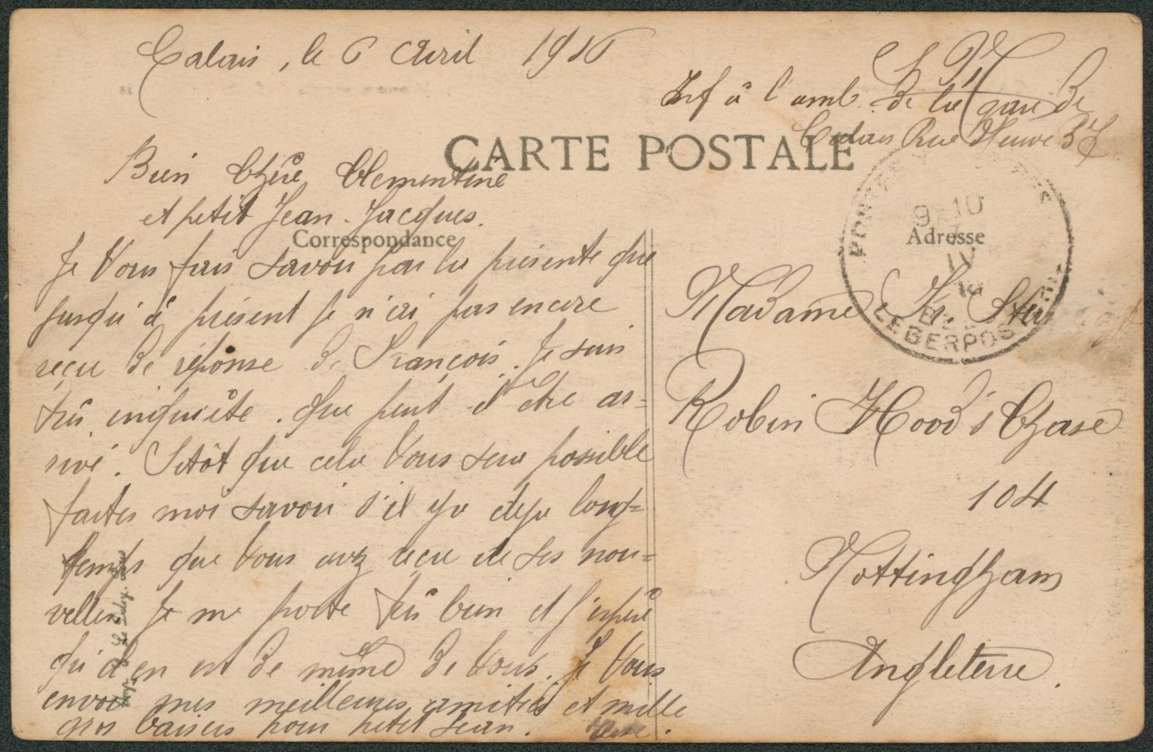 CP en S.M. + cachet "Hopital élisabeth / Calais" (1916) obl P.M.B. > Nottingham (Angleterre). "