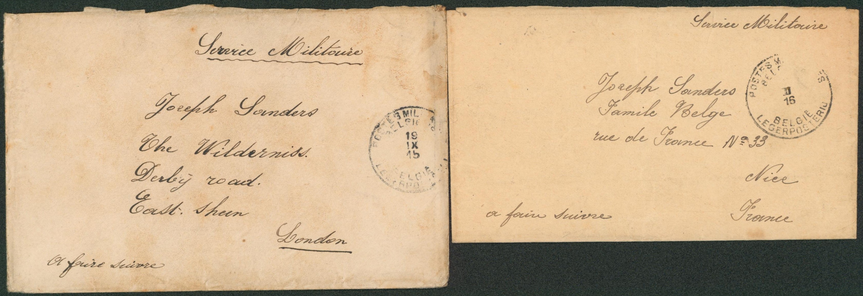 WWI (1915/16) ensemble de 2 lettres expédié via P.M.B. > Joseph landers (famille belge) à Londres et à Nice. 