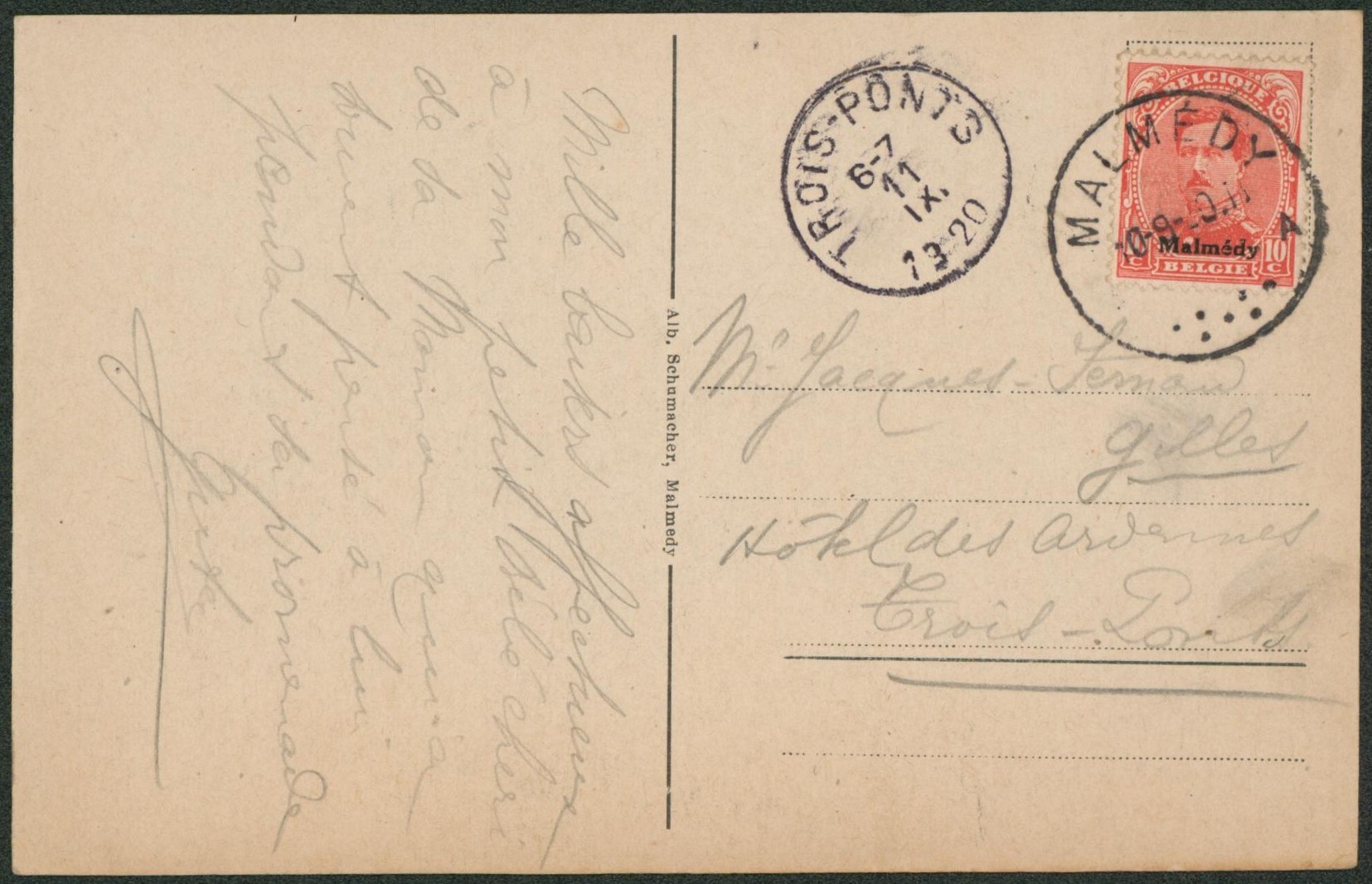 Canton de l'est - OC66 sur CP vue obl simple cercle "Malmedy A" > Trois-ponts "