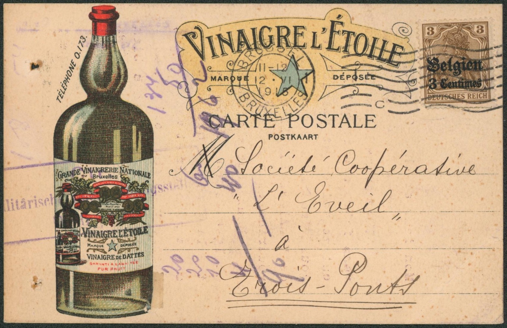 OC1 sur carte postale illustrée "vinaigre l'étoile" expédié de Bruxelles > Trois-ponts"