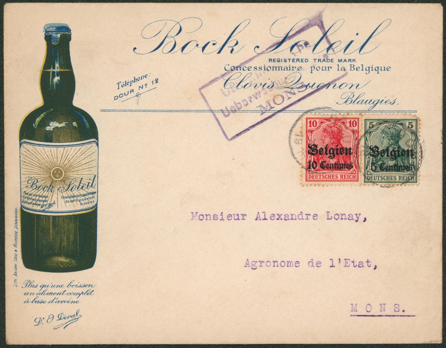 OC2 et 3 sur lettre illustrée (Bock soleil, bière, brasserie) expédié de Blaugies > Mons 