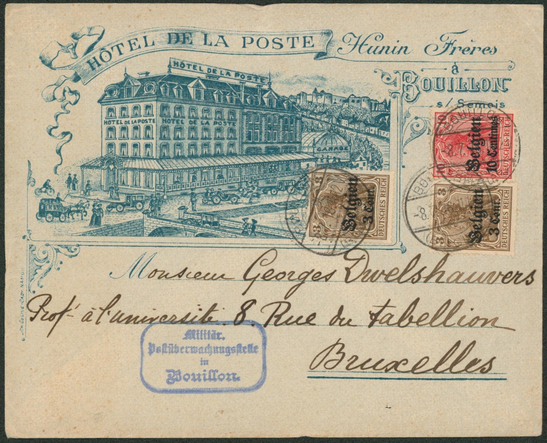 OC3 et OC11 x2 sur lettre décorée (Hotel de la poste, Bouillon) expédié de Bouillon > Bruxelles. Superbe 