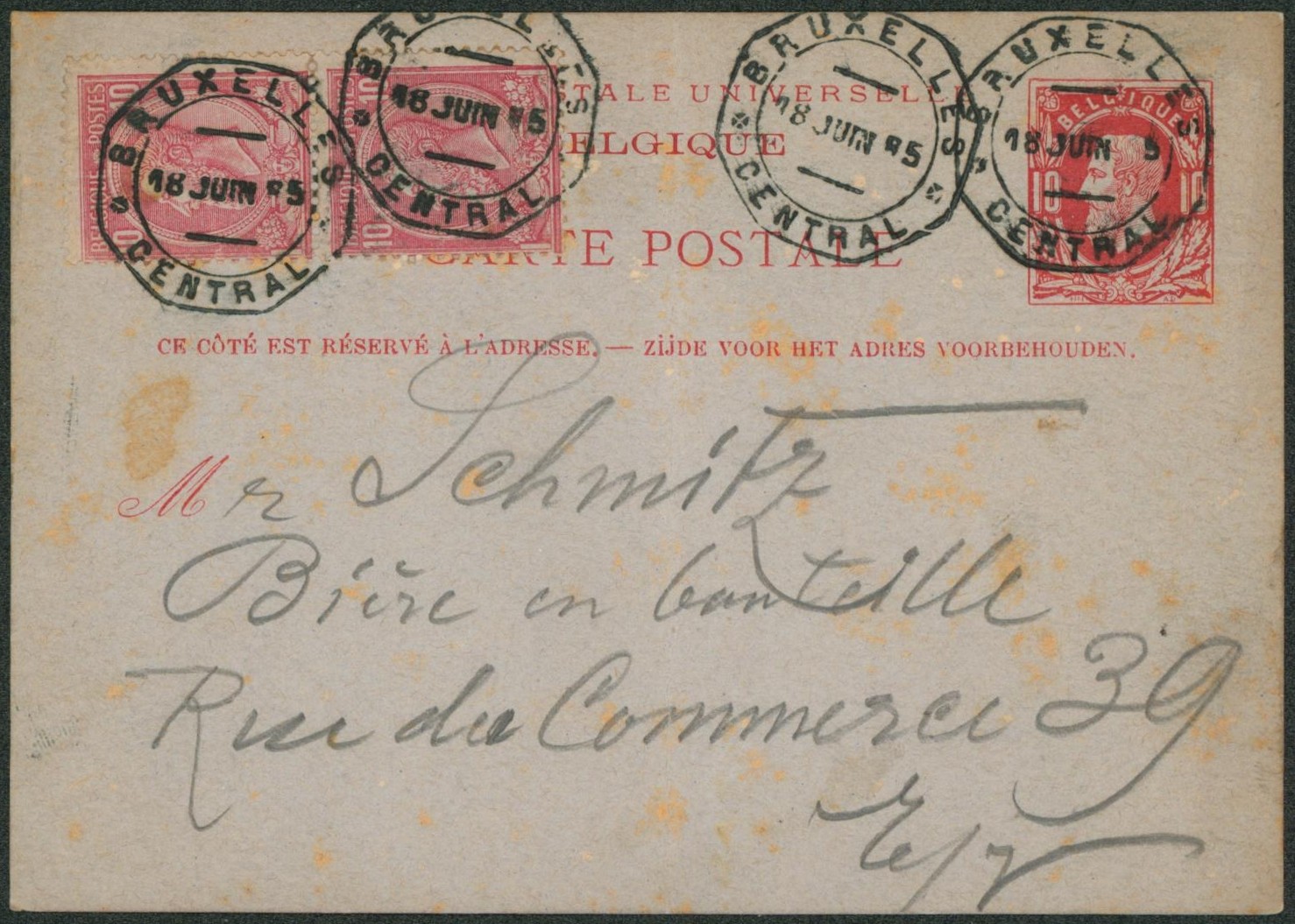 EP au type 10ctm rouge + n°46 x2 obl télégraphique spéciale "Bruxelles / Central" > La ville (M. Schmitz, négociant en bières) / Pli "