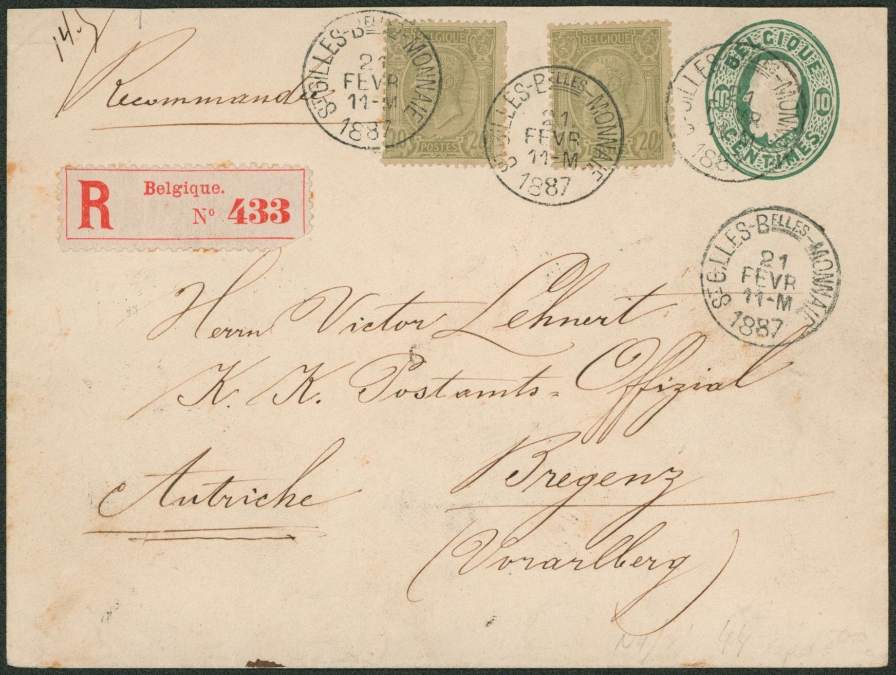 EP au type Env. 10ctm vert en recommandé + n°47 x2 de St-Gilles-Belles-Monnaies > Bregenz (Autriche) + Ambulant suisse n°26