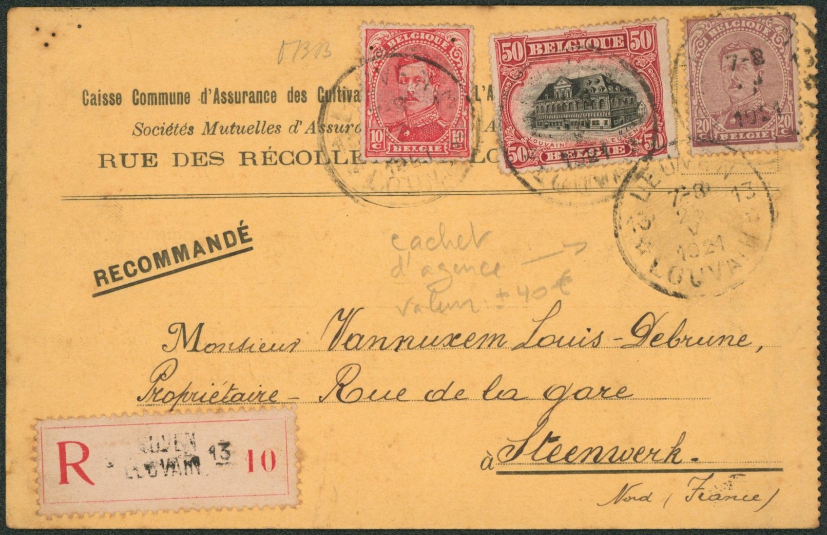 n°138, 140 et 144 sur CP en recommandé + obl agence "Leuven / Louvain 13" > Steenwerk (France). TB "