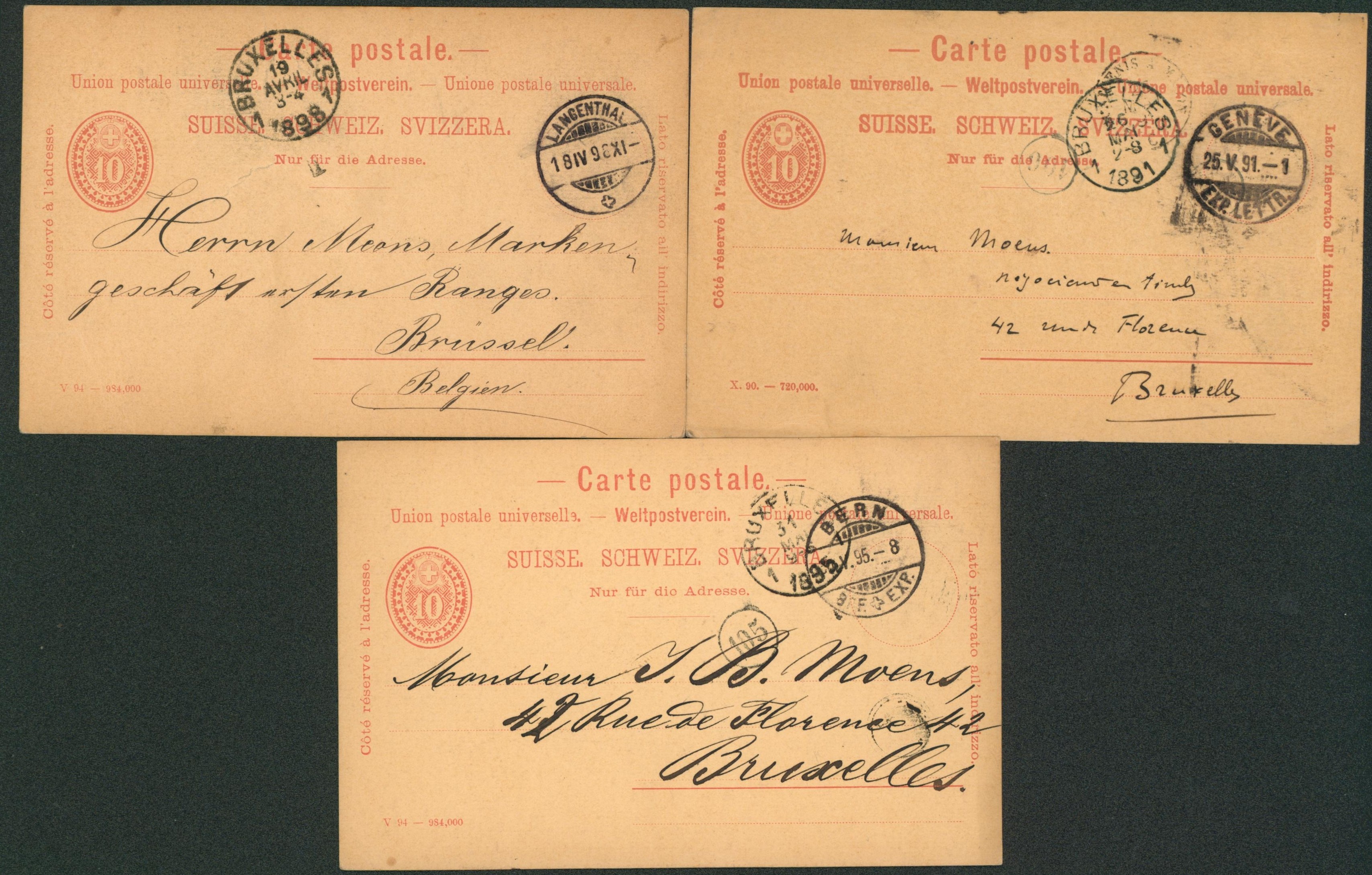 Suisse - Ensemble de 3 entiers postaux (1891 > 98) expédié de Langenthal, genève et Bern > J.B Moens (Marchand de timbres) Bruxelles.