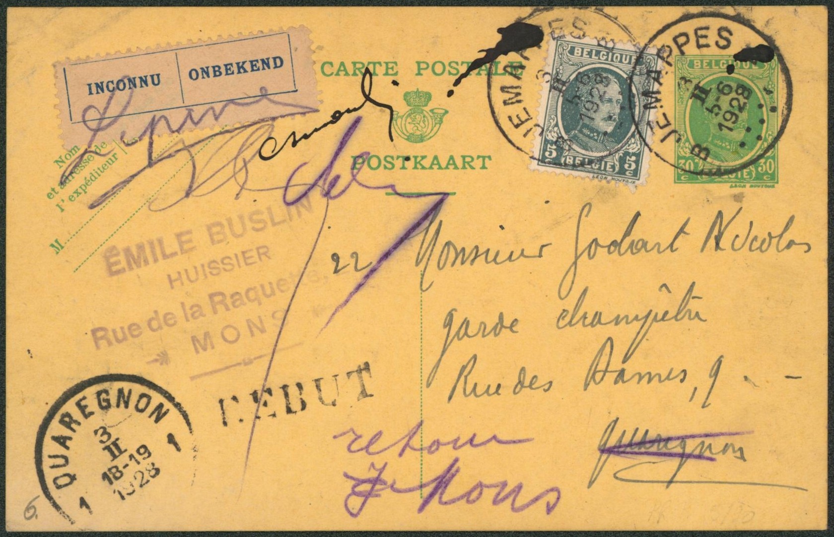 EP au type 30ctm vert Houyoux + n°193 expédié de Jemappes > Quaregnon. Griffe REBUT + étiquette bilingue "Inconnu". "