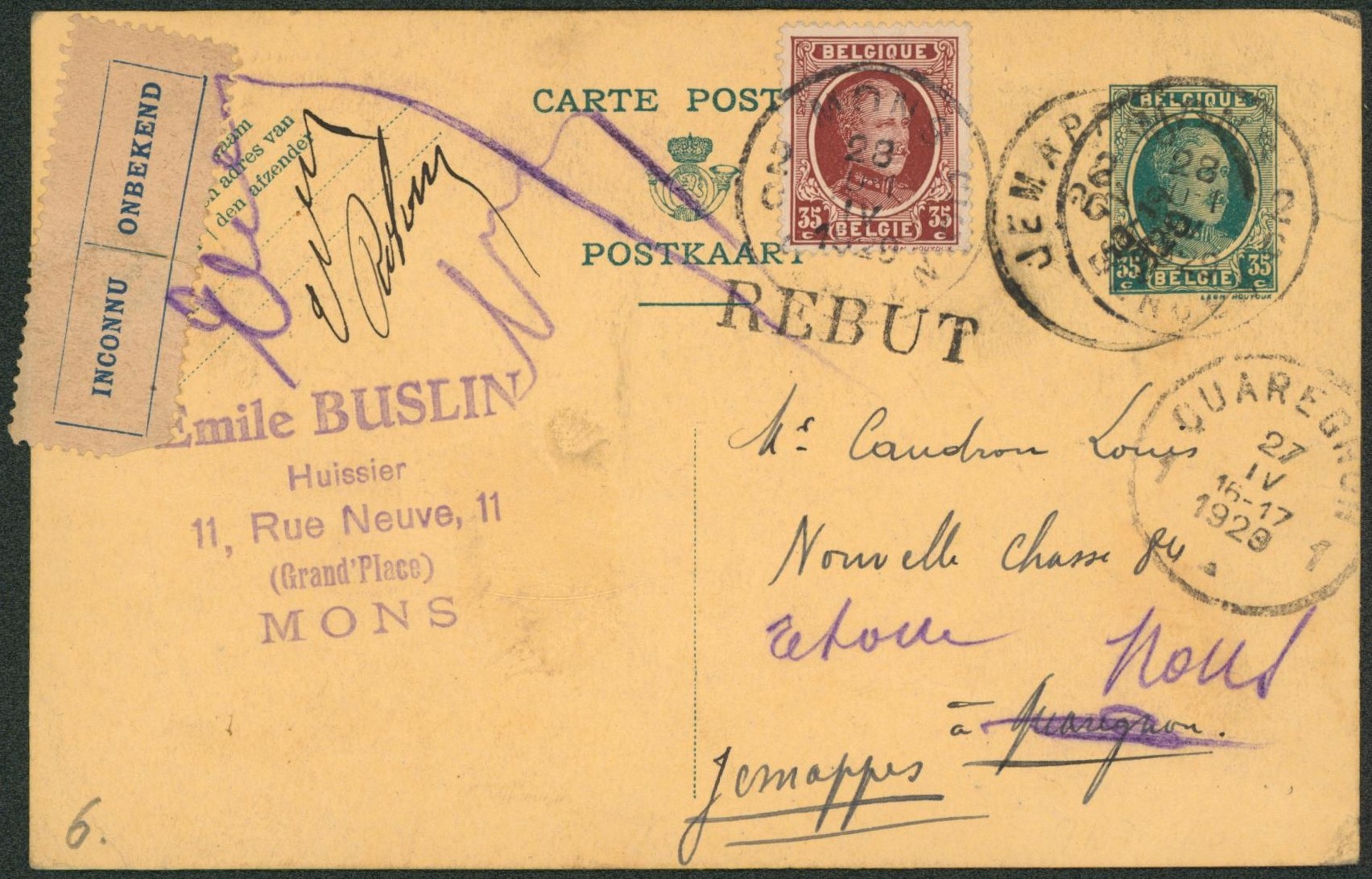 EP au type 35ctm vert Houyoux + n°201 expédié de Jemappes > Quaregnon. Griffe REBUT + étiquette bilingue "Inconnu". "