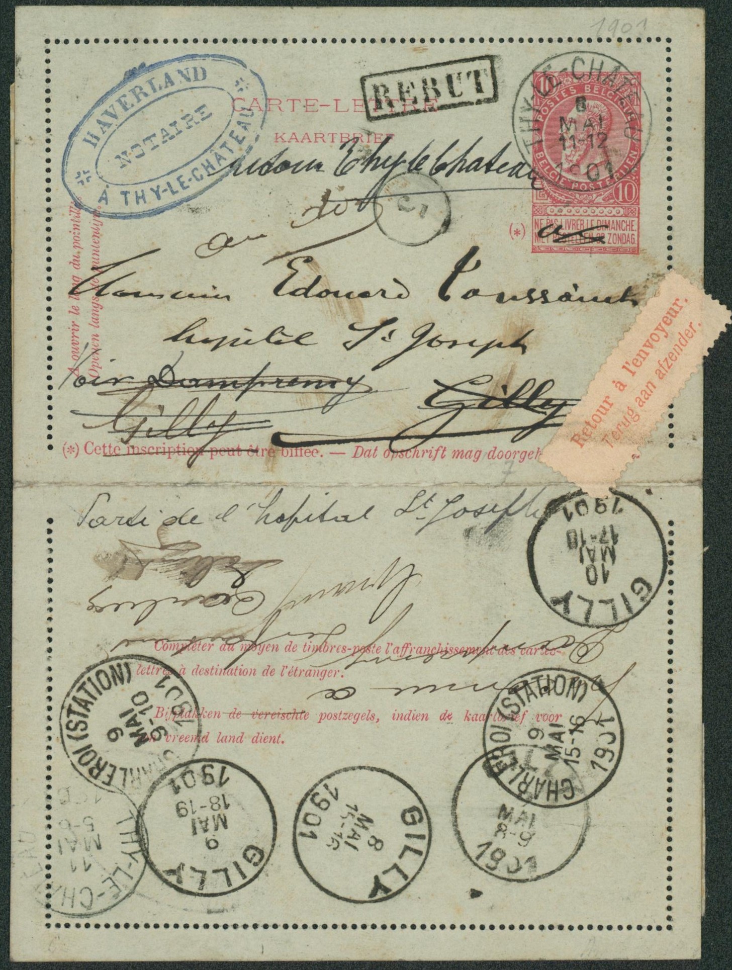 EP au type CL 10ctm rouge expédié de Thy-le-château > Gilly, multiple recherches (gilly, dampremy, gilly) retour à thy le château + griffe REBUT. 