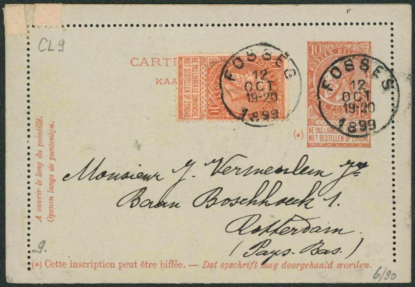 EP au type CL 10ctm orange + n°57 obl S.C. "Fosses" > Rotterdam (Pays-Bas)"