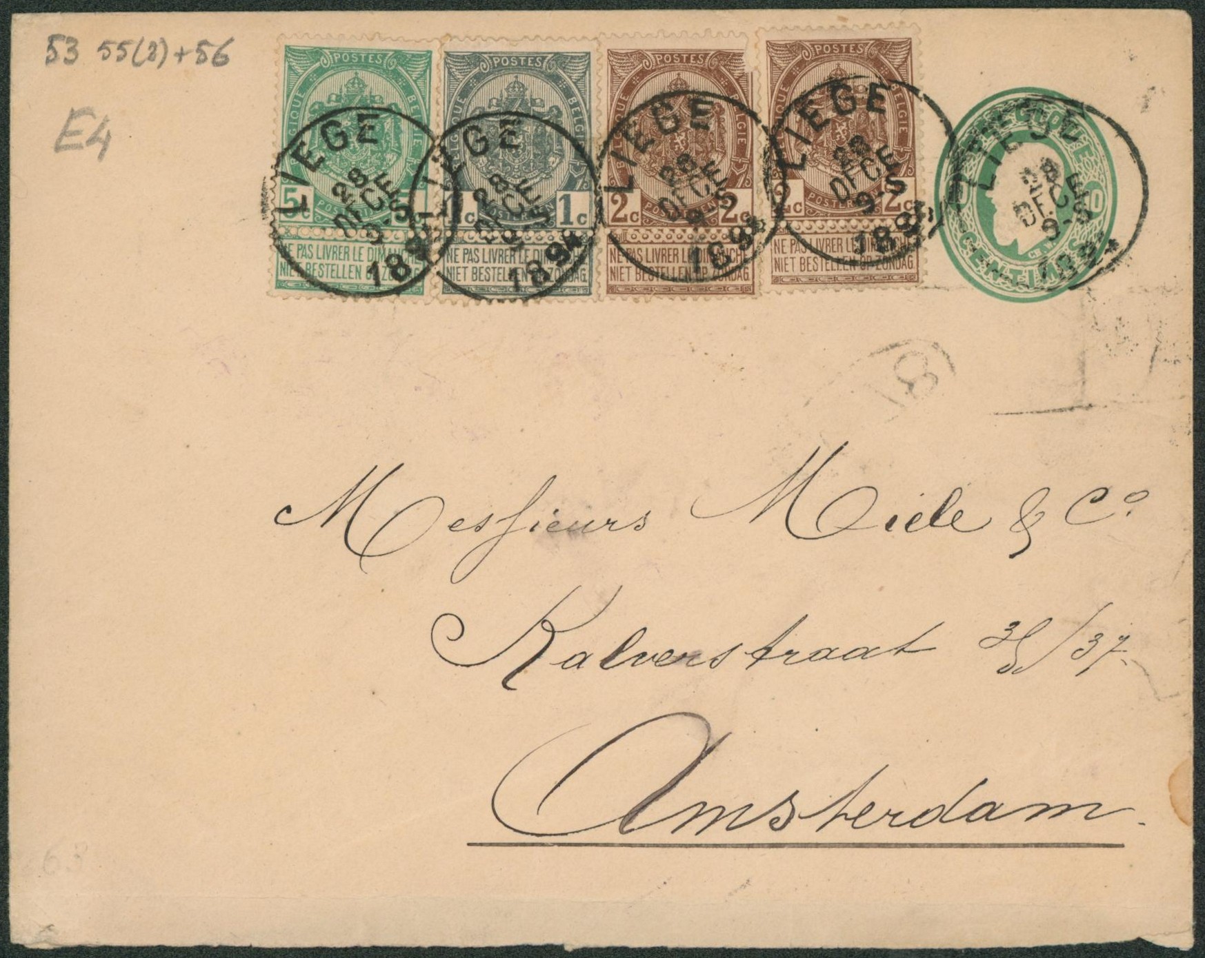 EP au type Env. 10ctm vert + n°53, 55 x2 et 56 expédié de Liège (Orfèvrerie de Luxe) > Amsterdam