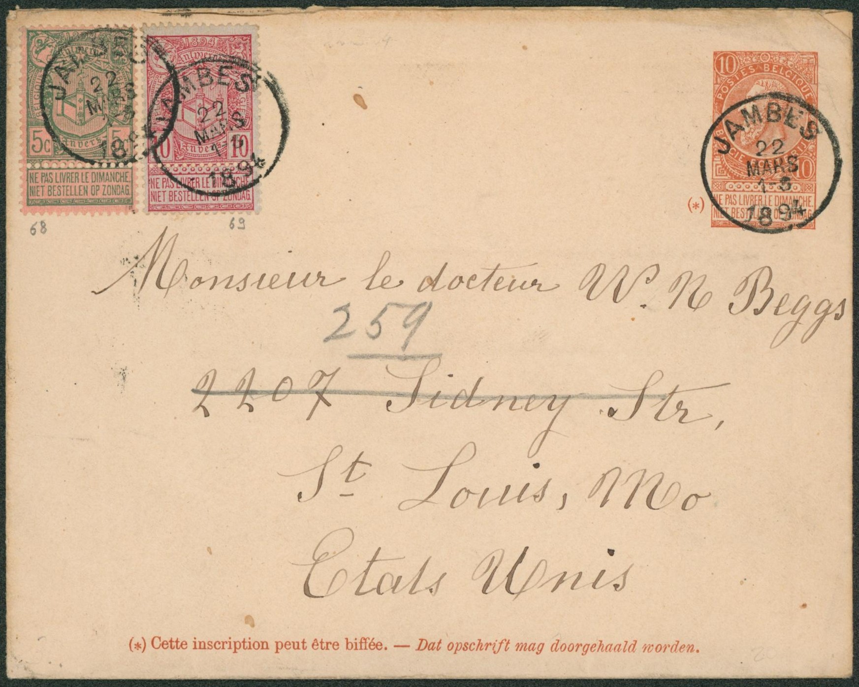 EP au type Env. 10ctm orange + n°68 et 69 expédié de Jambes > St-Louis (USA). 