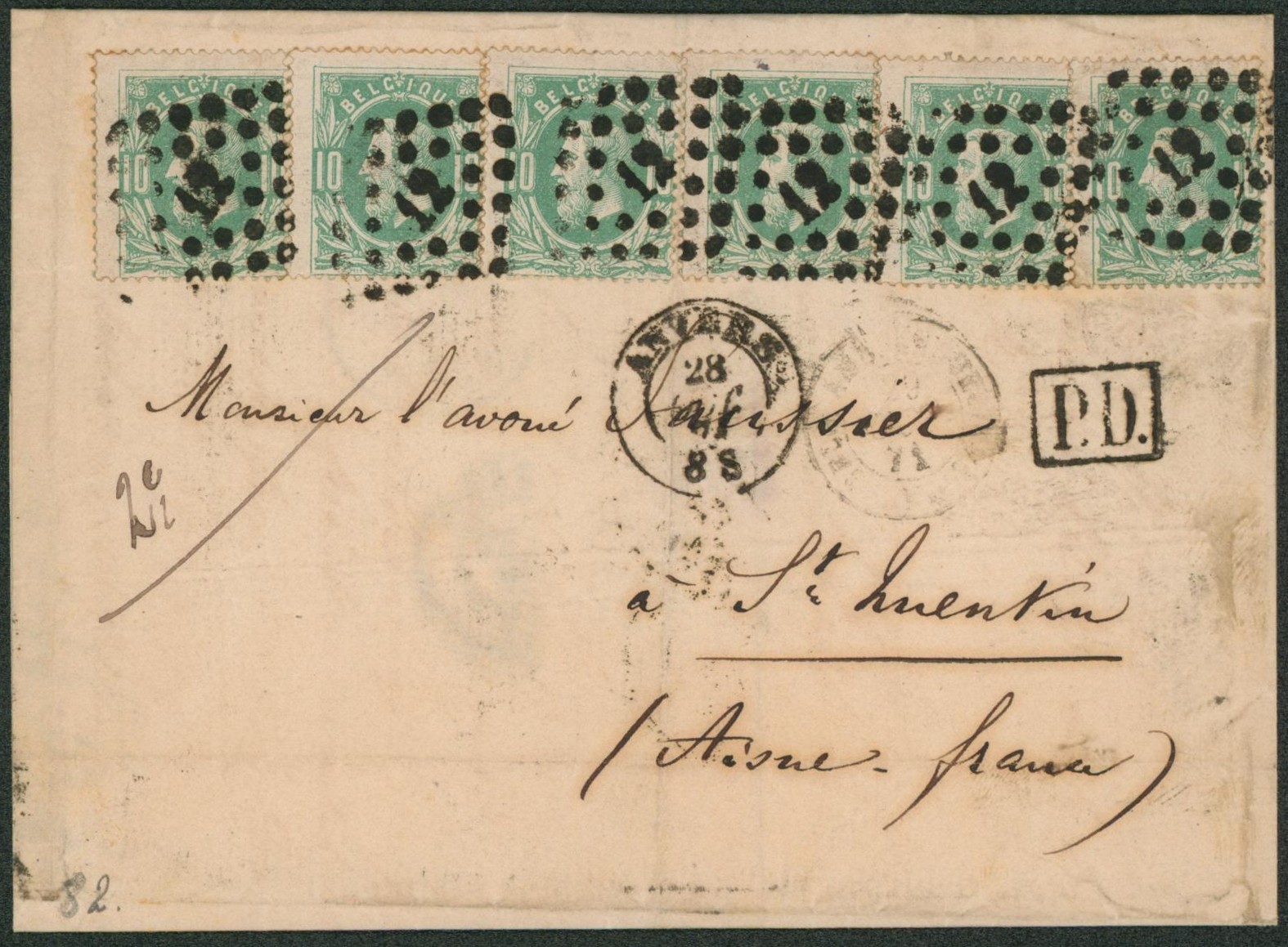 n°30 x5 sur LSC obl Pt 12 çàd Anvers (1871) > St-Quentin (France), double port. 