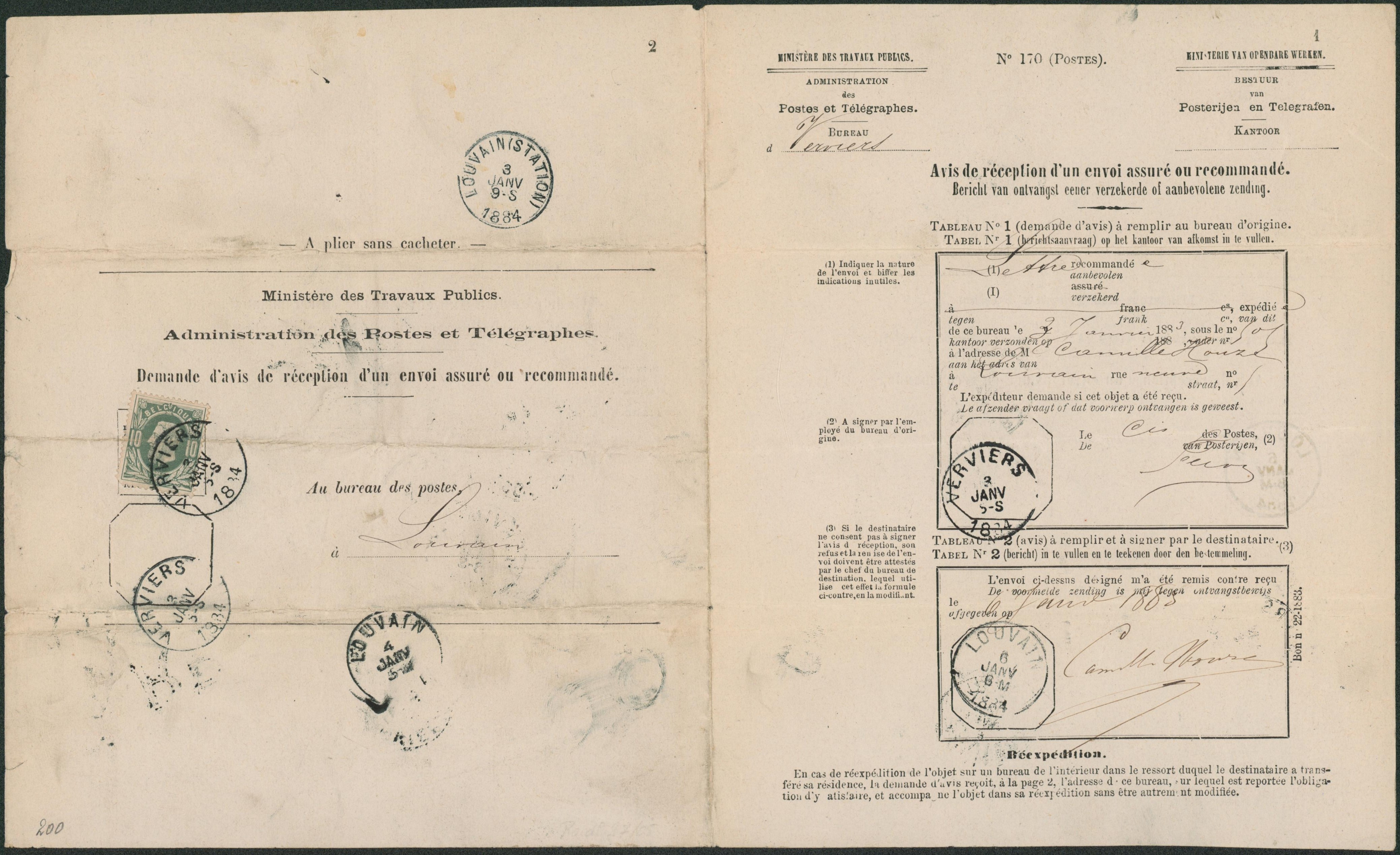 n°30 sur administration des postes et télégraphes (demande d'avis de réception d'un envoi assuré ou recommandé) de Verviers > Louvain. TTB 