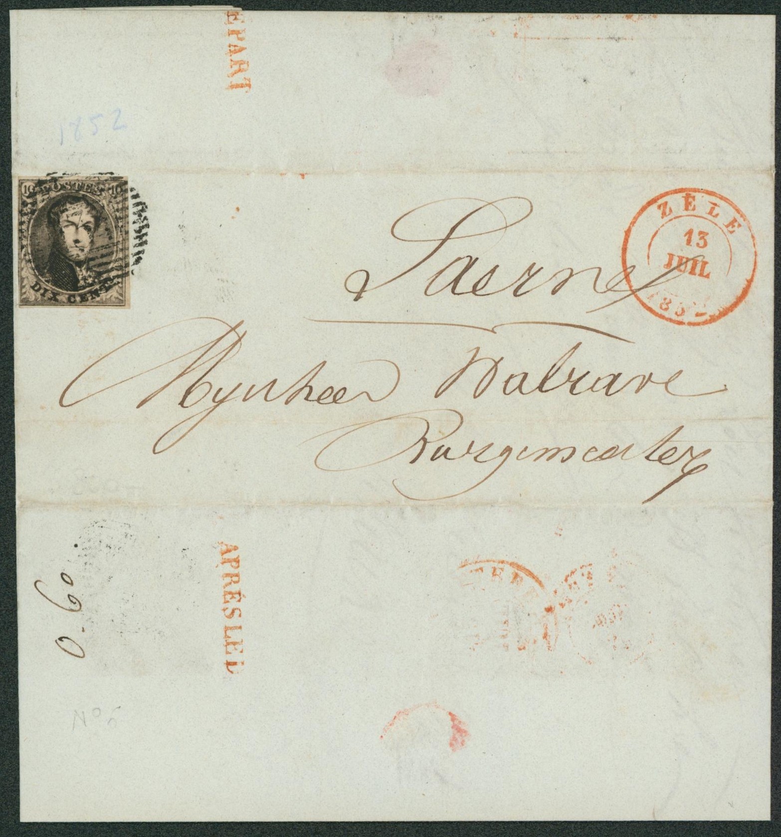 n°6 bien margé sur LAC obl P134 çàd Zele > Laerne + griffe APRES LE DEPART (verso). TB