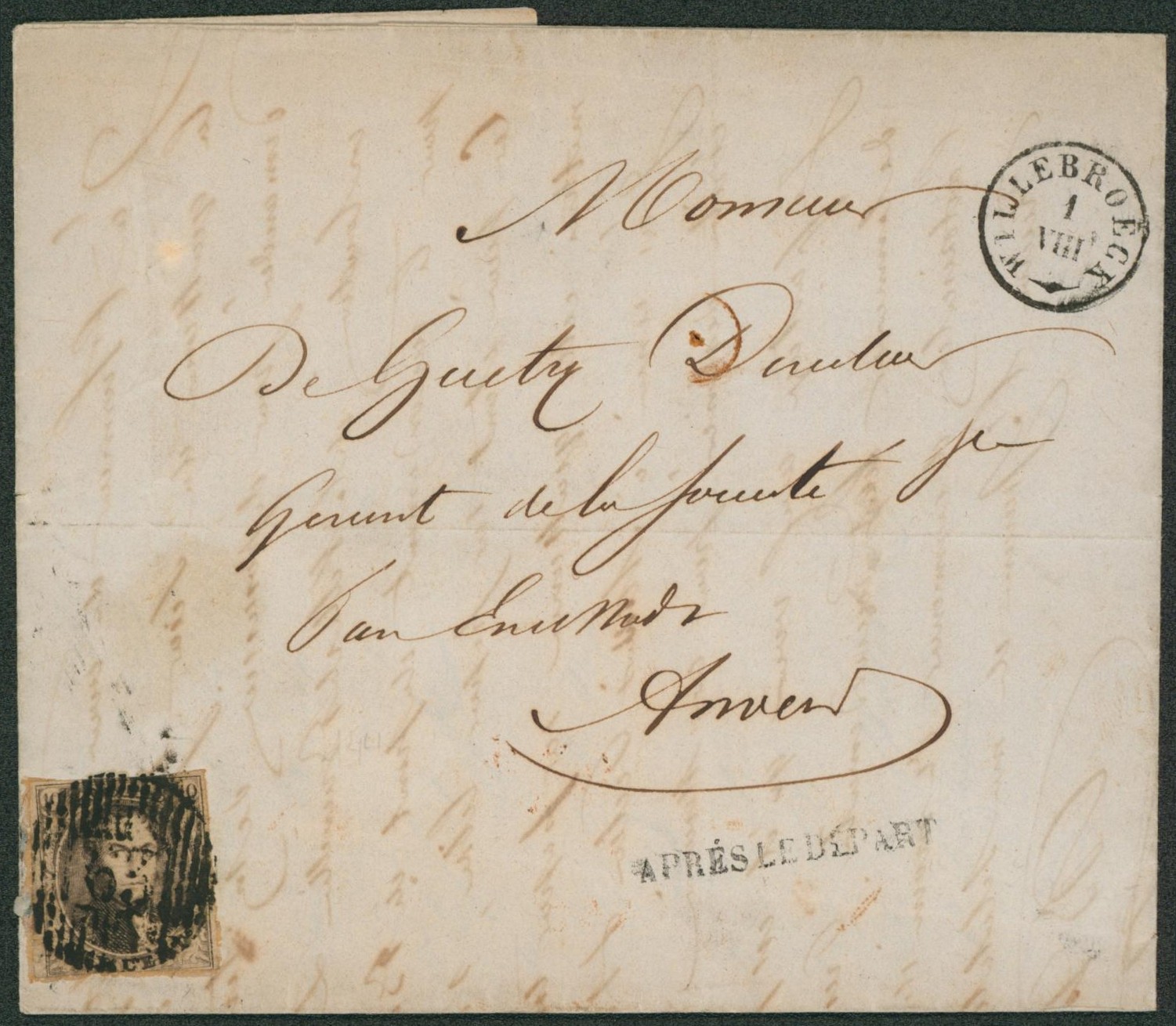 n°6 effleuré sur LAC obl D63 + T18 "Willebroeck" et griffe APRES LE DEPART (noir) > Anvers.