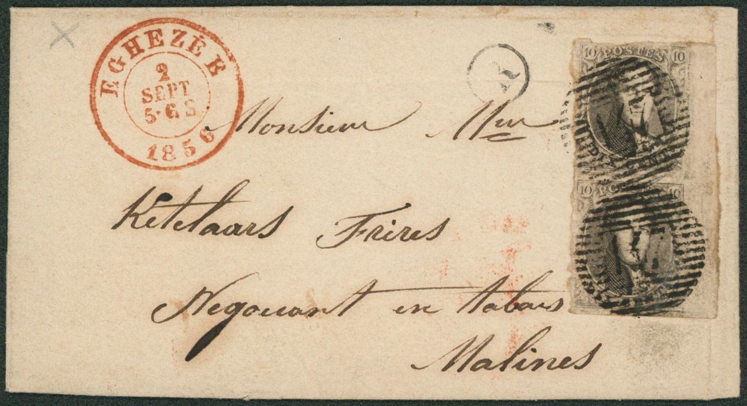 n°6 en paire + grand BDF (un TP effleuré) sur LAC obl P147 çàd Eghezée + boite rurale "R" (Hanret) > Négociant en tabacs à Malines. Rare