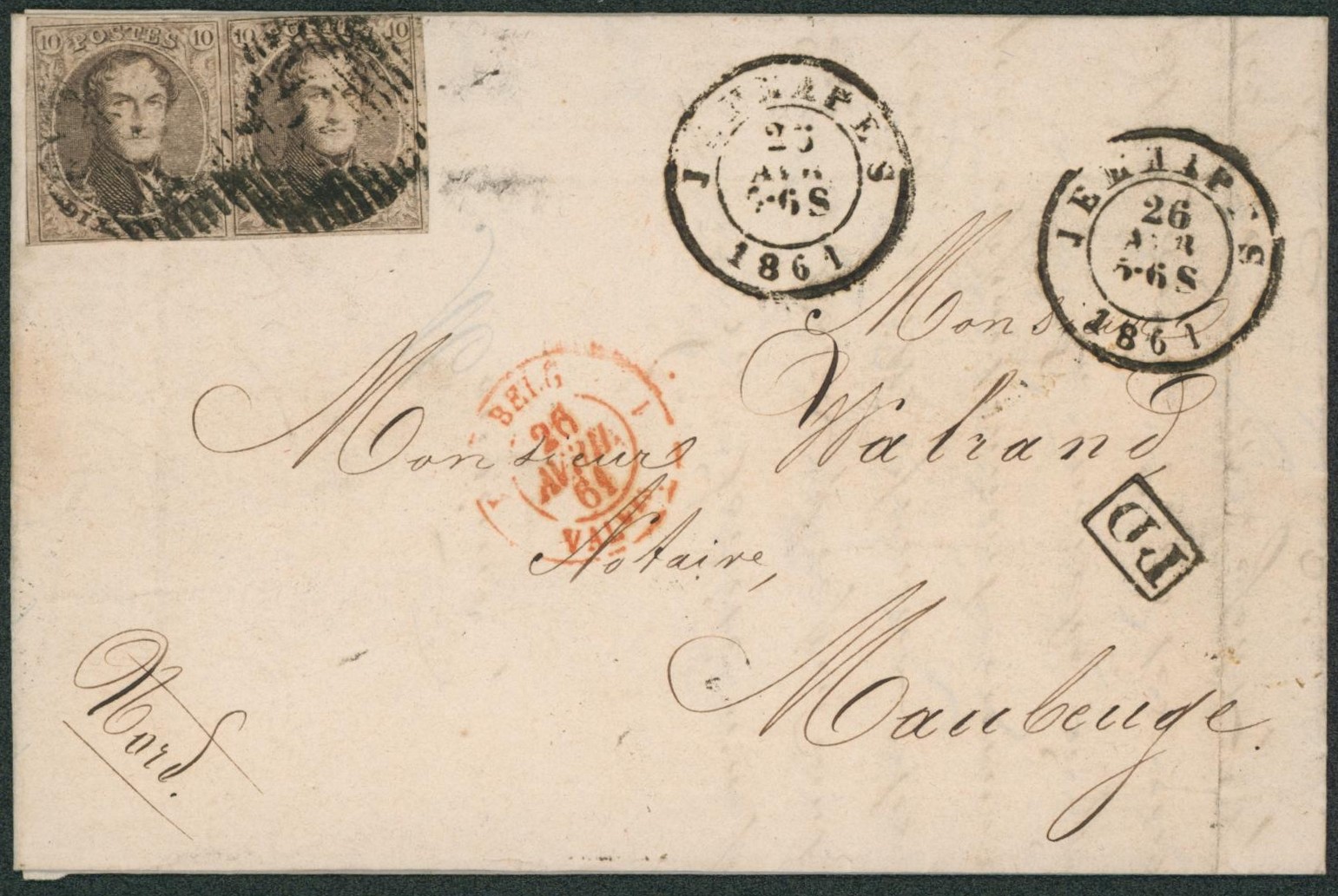 n°10A en paire sur LAC obl P65 (frappe très légère) mais double cachet dateur "Jemappes" > Maubeuge (France). Port frontalier via Ambulant du midi n°1