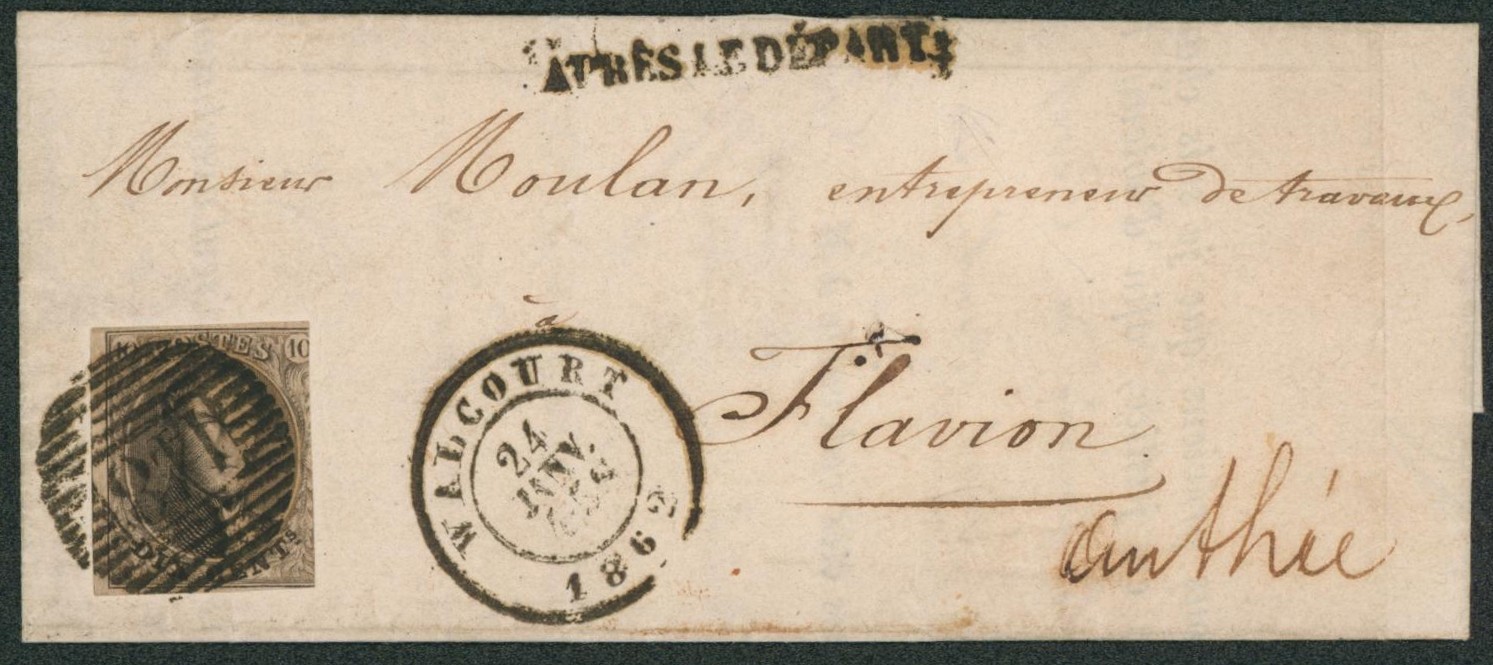 n°10 (3 marges) sur LAC obl P148 (Luxe !) çàd Walcourt + griffe APRES LE DEPART (noir) > Flavion par Anthée çàd obl distribution.