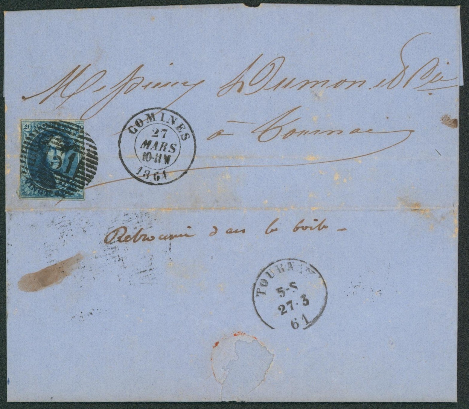 n°11A au filet sur LAC obl P31 çàd Comines > Tournai + note manuscrite "Retrouvé dans la boite". TB