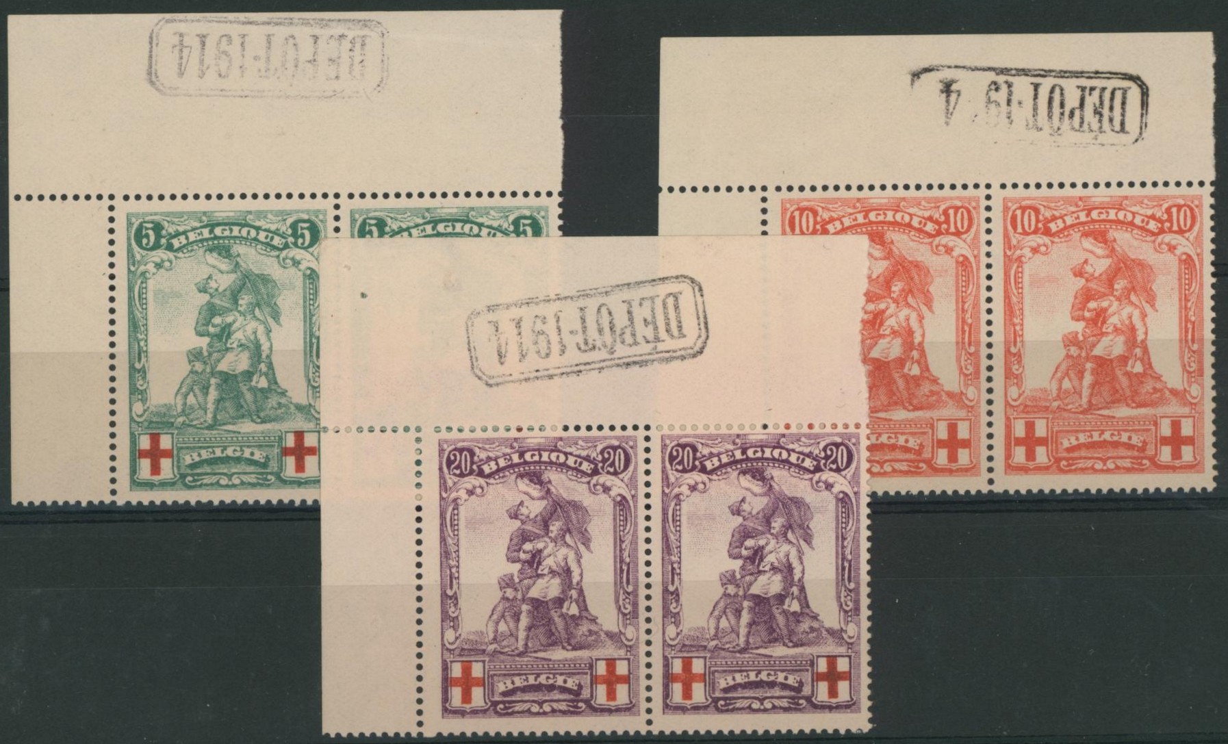 Croix-rouge - n°126/28 série en paire** neuf sans charnière (MNH) coin de feuille + dépôt 1914