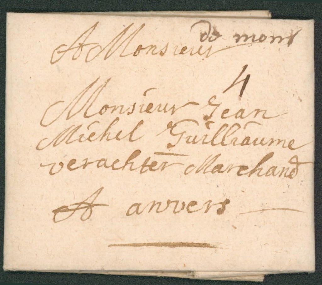 LAC datée de Mons (1714) + Manuscrit "De Mons", port 4 sols > Anvers. Verso marque de messager (Pierre 1714…)