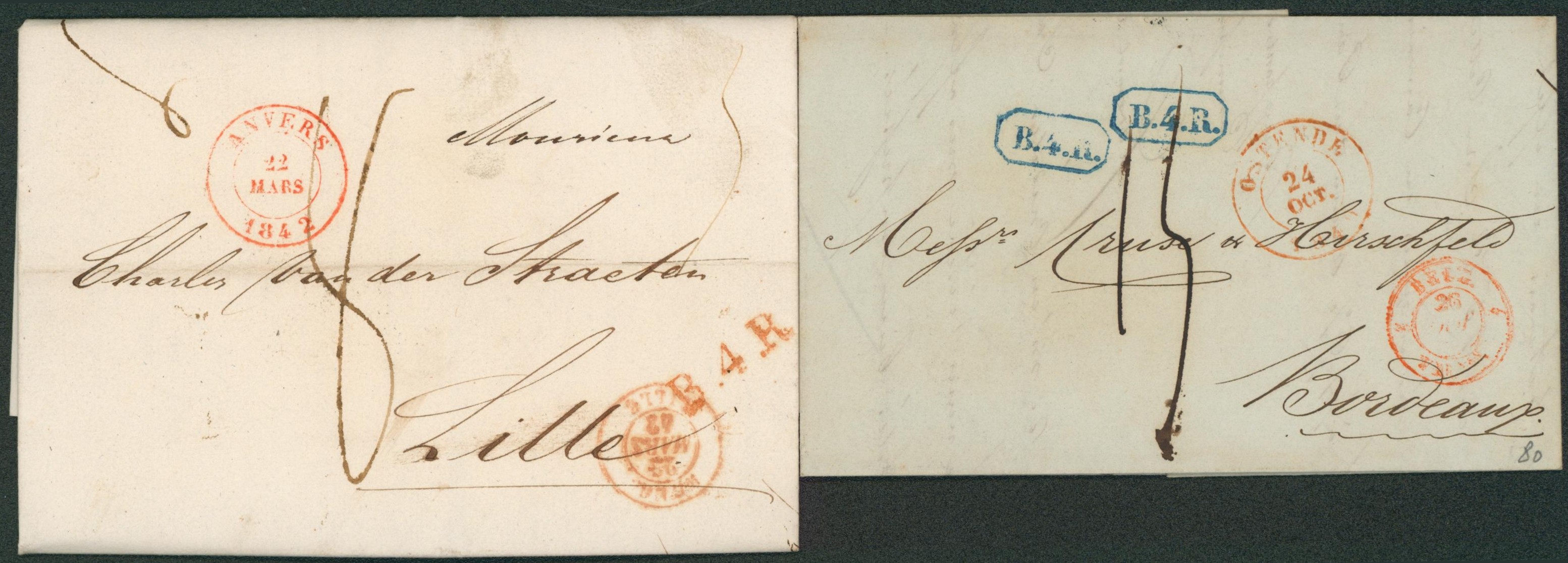 Ensemble de 2 LAC (1840-42) au départ de Anvers & Oostende, taxe différente + marque de rayon B.4.R. + B.3.R. > Lille et Bordeaux (distance !).