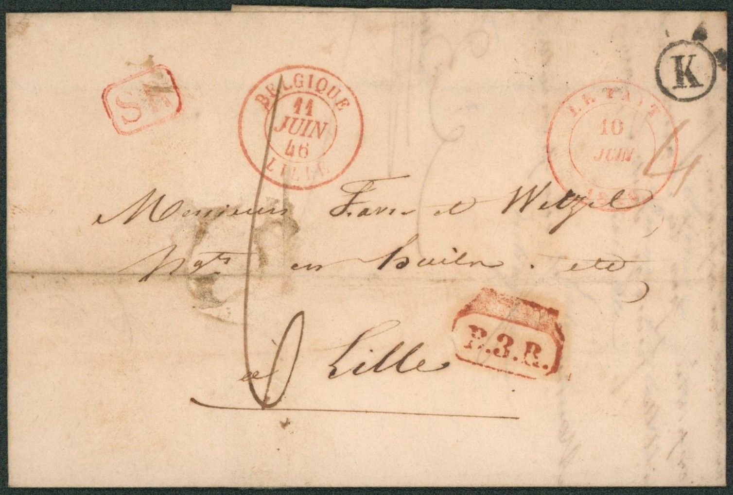 LAC + cachet dateur "Le fayt" (1846) + boite rurale "K" (Houdeng-Goegnies), port 6 décimes et marque de rayon "B.3.R." > Lille