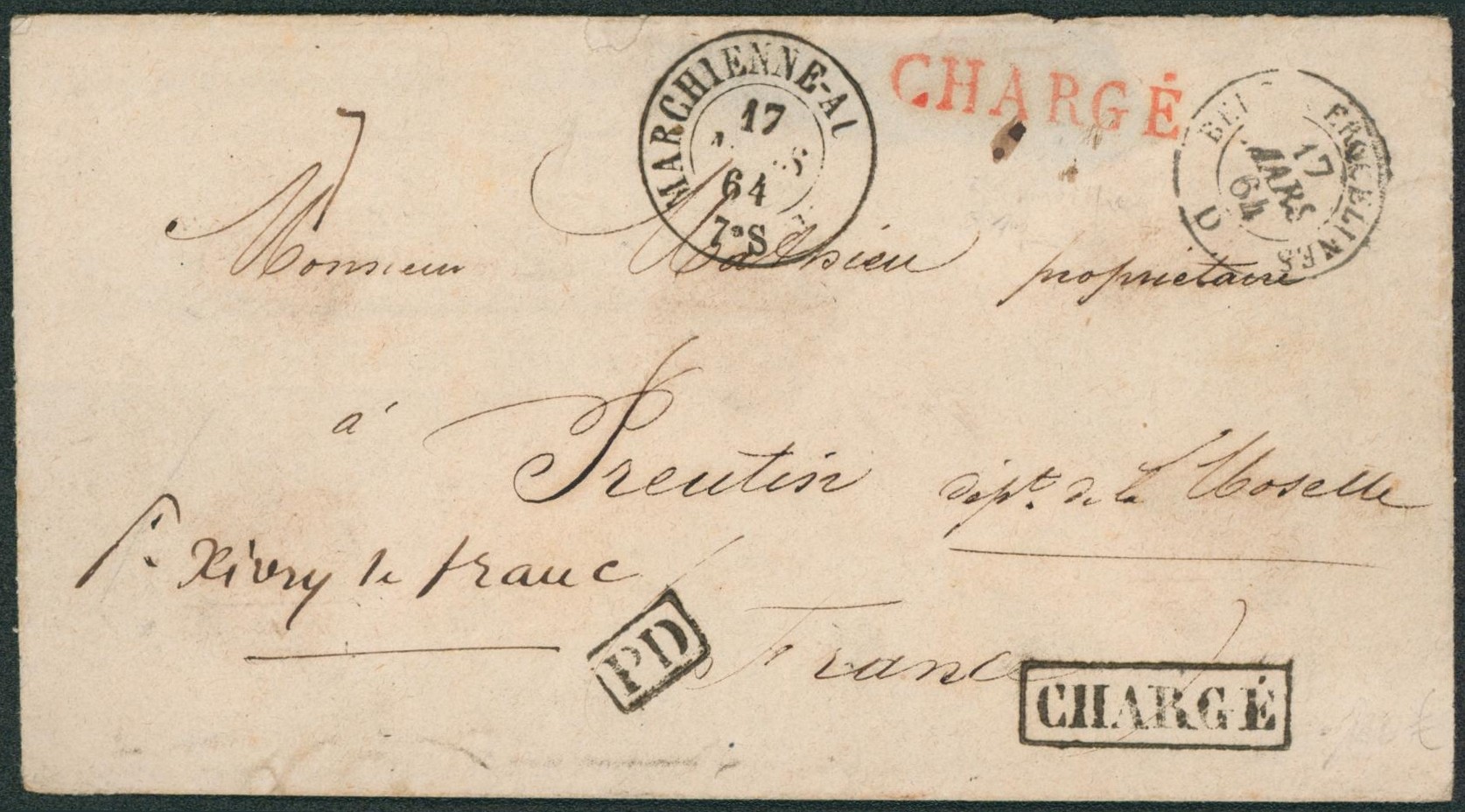 Env. chargé (deux types de griffe) de Marchienne-au-pont + griffe PD > Preutin (France) via Ambulant Midi III