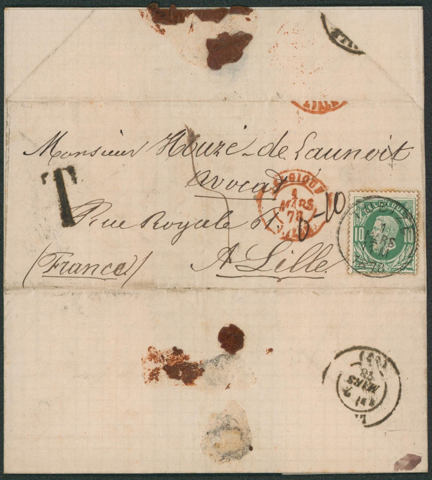 n°30 sur LAC obl simple cercle "Tubize" + taxe manuscrite et "T" en noir > Lille