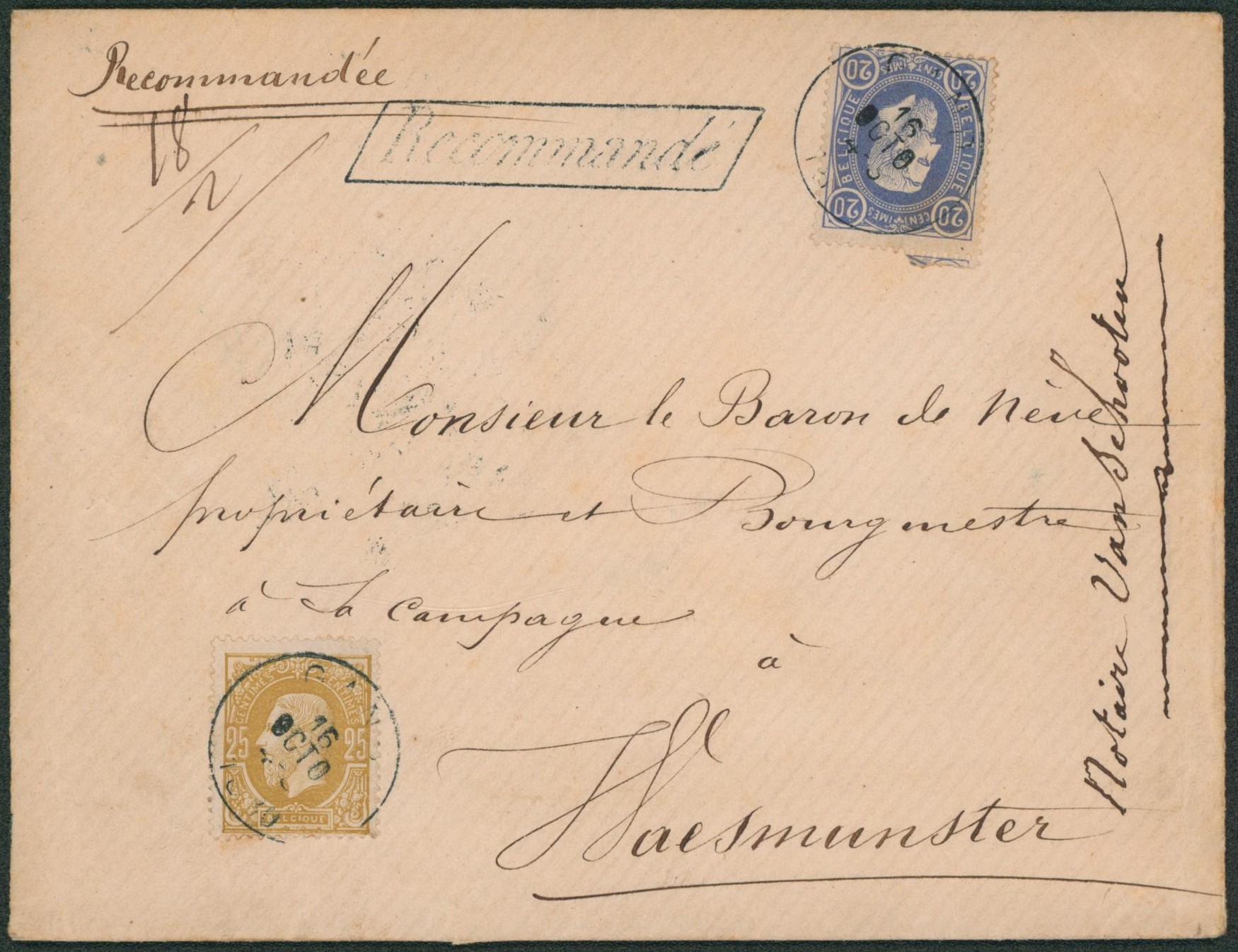 n°31 et 32 sur lettre en recommandé çàd griffe parallélogramme de Gand (double port) > Waesmunster. TB !