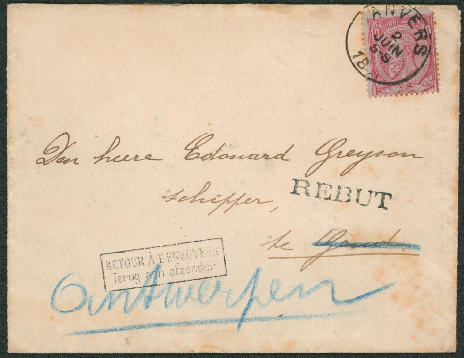 n°46 sur lettre obl simple cercle "Anvers" > Gand. Griffe REBUT & "Retour à l'envoyeur", retour te ANTWERPEN (à la craie) + verso Appel des facteurs à Gand ! TB.